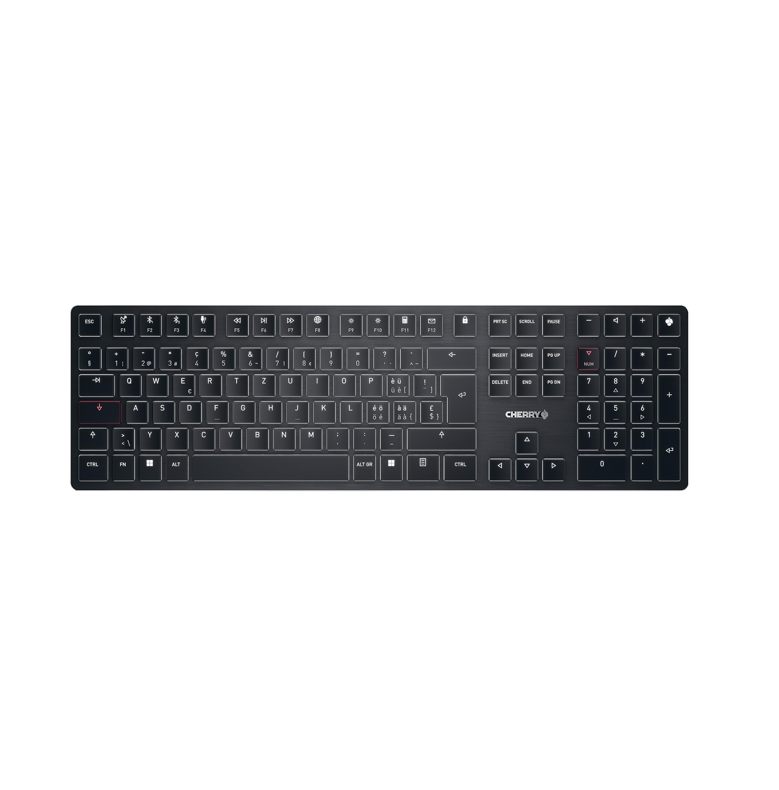 CHERRY KW X ULP, Ultra Flache Mechanische Tastatur, Schweiz QWERTZ, Schwarz | Kabelloses Multi-Device-Keyboard für bis zu 4 Geräte, Bluetooth, 2,4 GHz Funk & Kabel, Weiße Beleuchtung, Wiederaufladbar