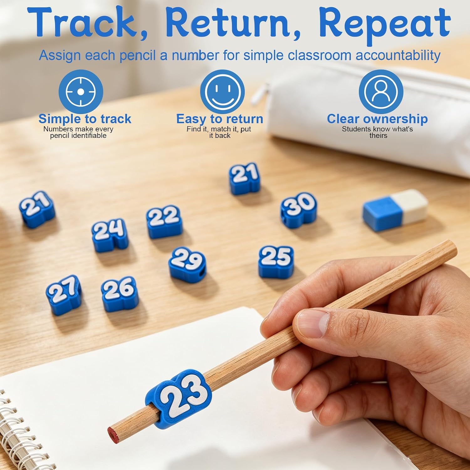 Numbered Pencil Toppers,30 PCS Blue, Reusable Classroom Pencil Labels for Teachers, Number Pencil Toppers for Classroom Organization and Supply Tracking Station