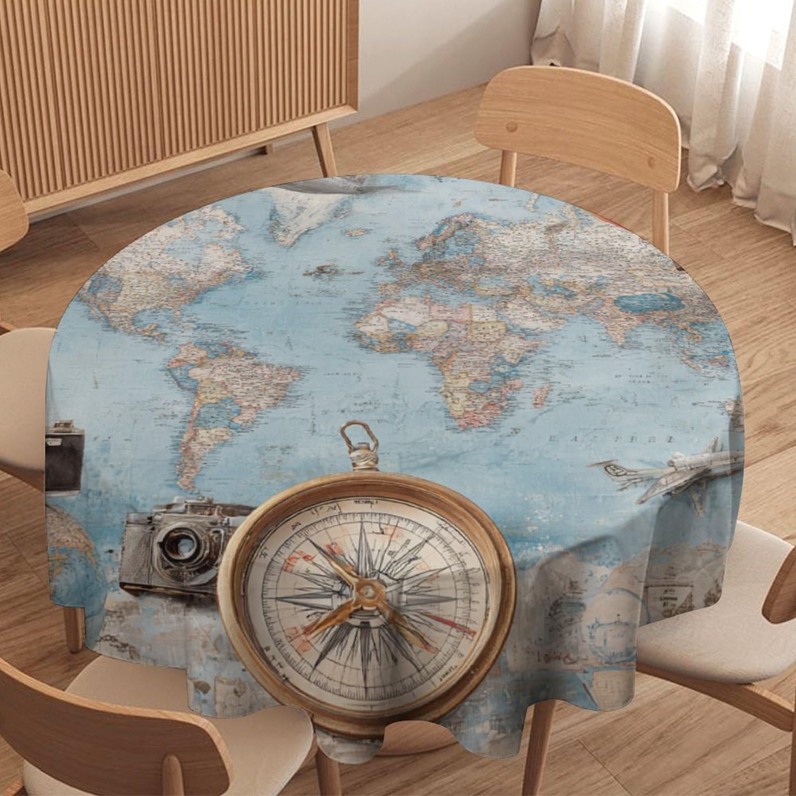 LUYYSKY Classic Retro Antique Map Round Tablecloth Beautiful Funny Airplane Hot Air Balloon Cameras Compass Washable Decor for Table Cover for Kitchen-177.8" Wx177.8 L cm