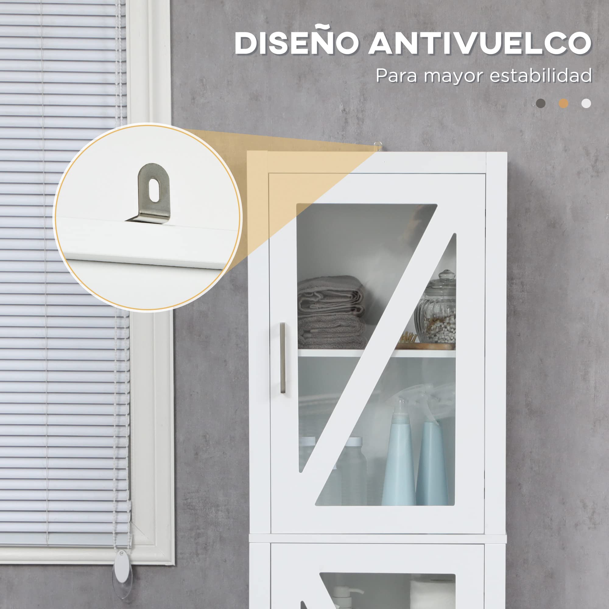 kleankin Columna Auxiliar de Baño 2 Puertas de Vidrio 45x30x170 cm Blanco | Armario Alto de Baño, Estantes Ajustables, Estante de Almacenamiento