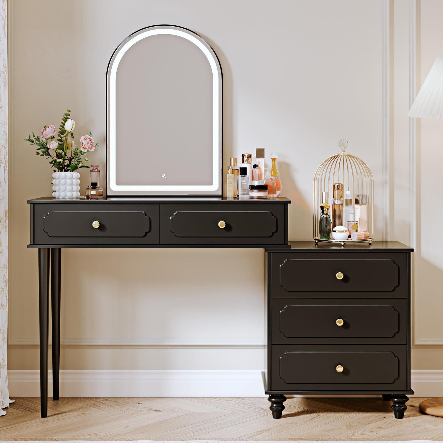 Escritorio negro con espejo y luces, tocador de maquillaje con toma de corriente y gabinete ajustable, mesa de maquillaje moderna con 3 cajones para dormitorio sala de maquillaje 6