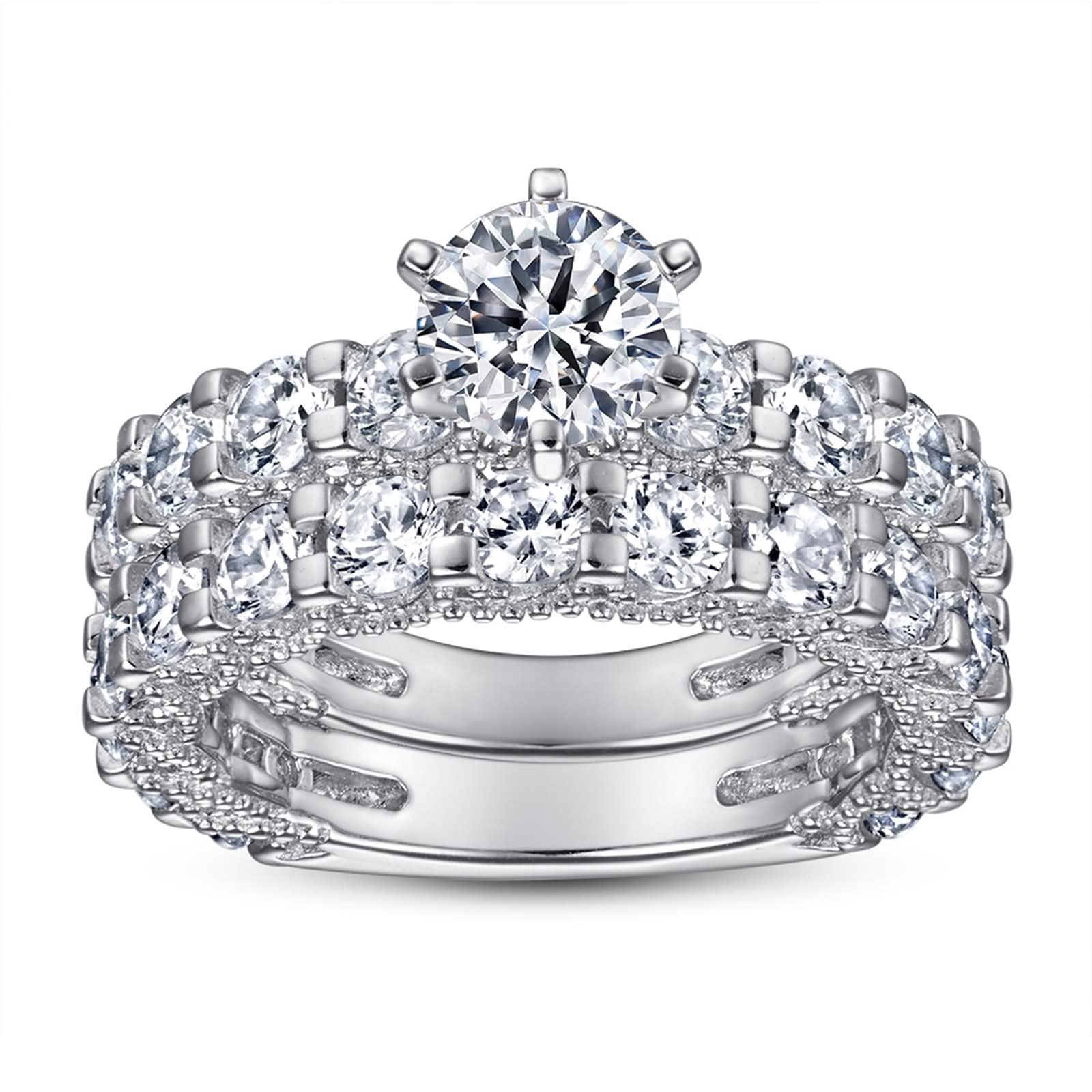 Eheringe für Damen, Damenschmuck aus Sterlingsilber, vollständig mit Juwelen besetzt, 2-Ring-Set aus Sterlingsilber mit Zirkonia
