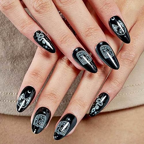 Miniatura 9 de GLAMERMAID Uñas postizas a presión de almendra, uñas postizas de gel con diseño gótico, 24 uñas adhesivas, uñas acrílicas reutilizables, juego de