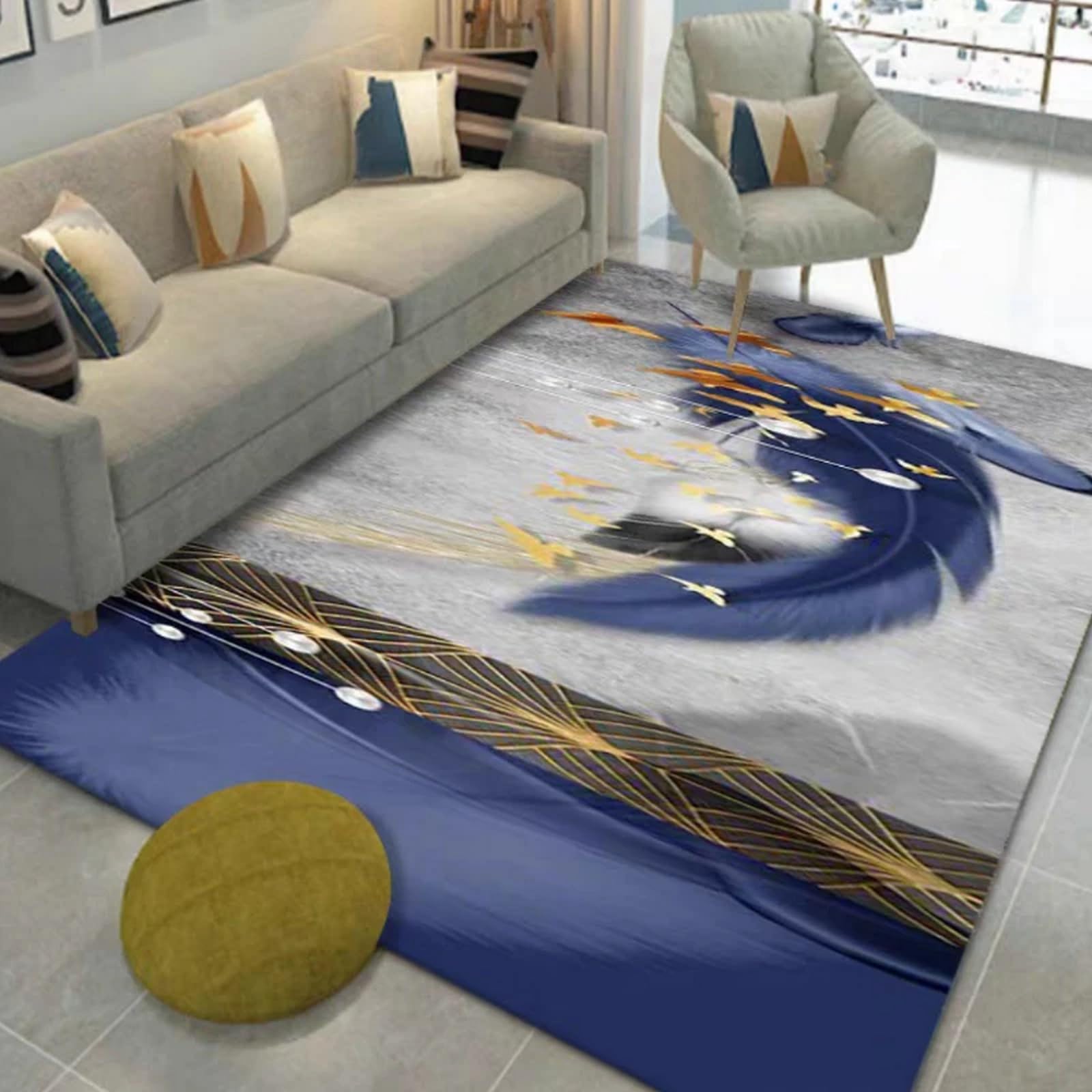 Tapis impression en plumes d'oiseaux 3D décoration luxe moderne de salon 120x160