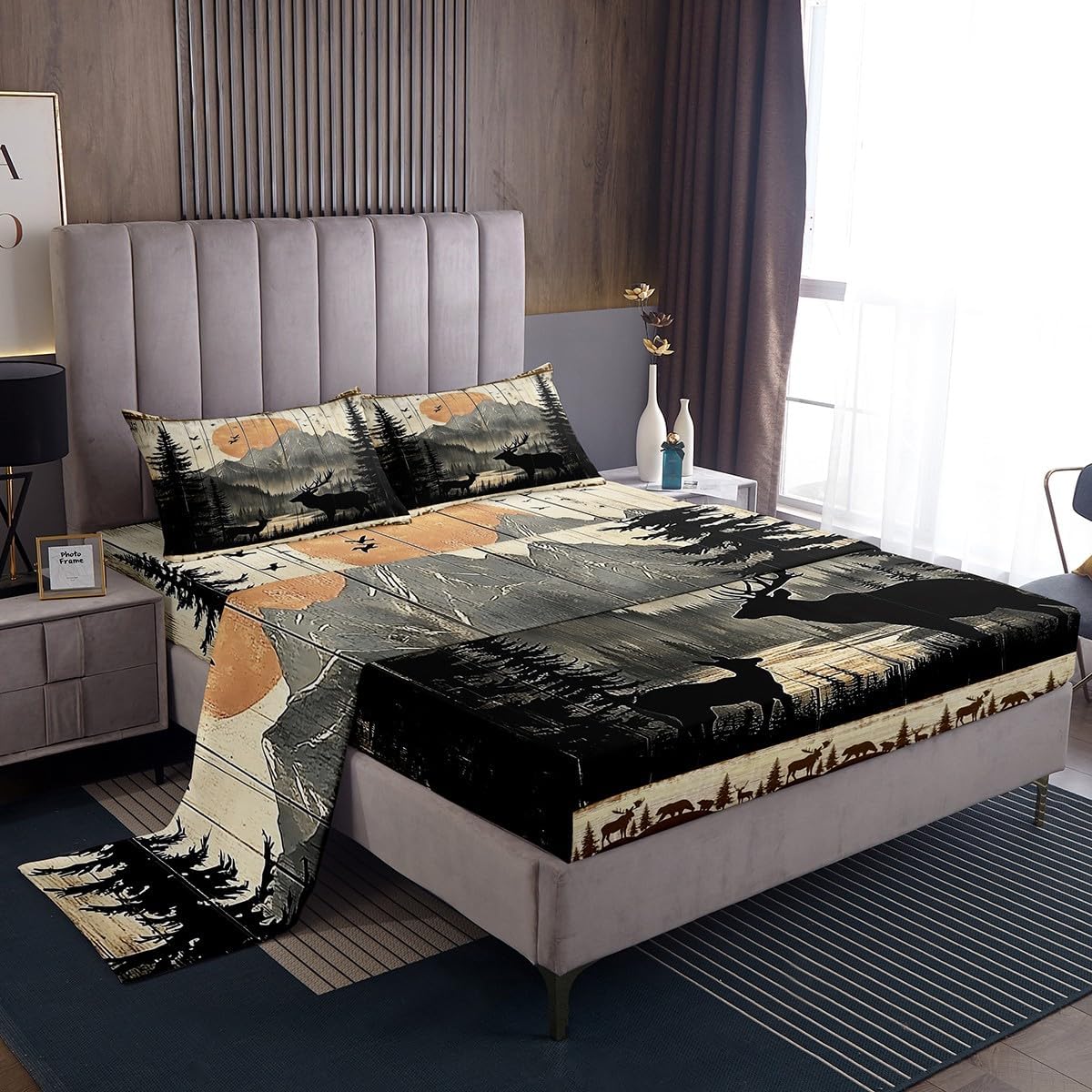 jejeloiu Rustic Cabin Deer Fitted Sheet Twin Size Kids Hunting Country Farmhouse Bedding Set for Boys Girls Teens Wild Animal Bed Sheets Set Deep Green Bed Cover