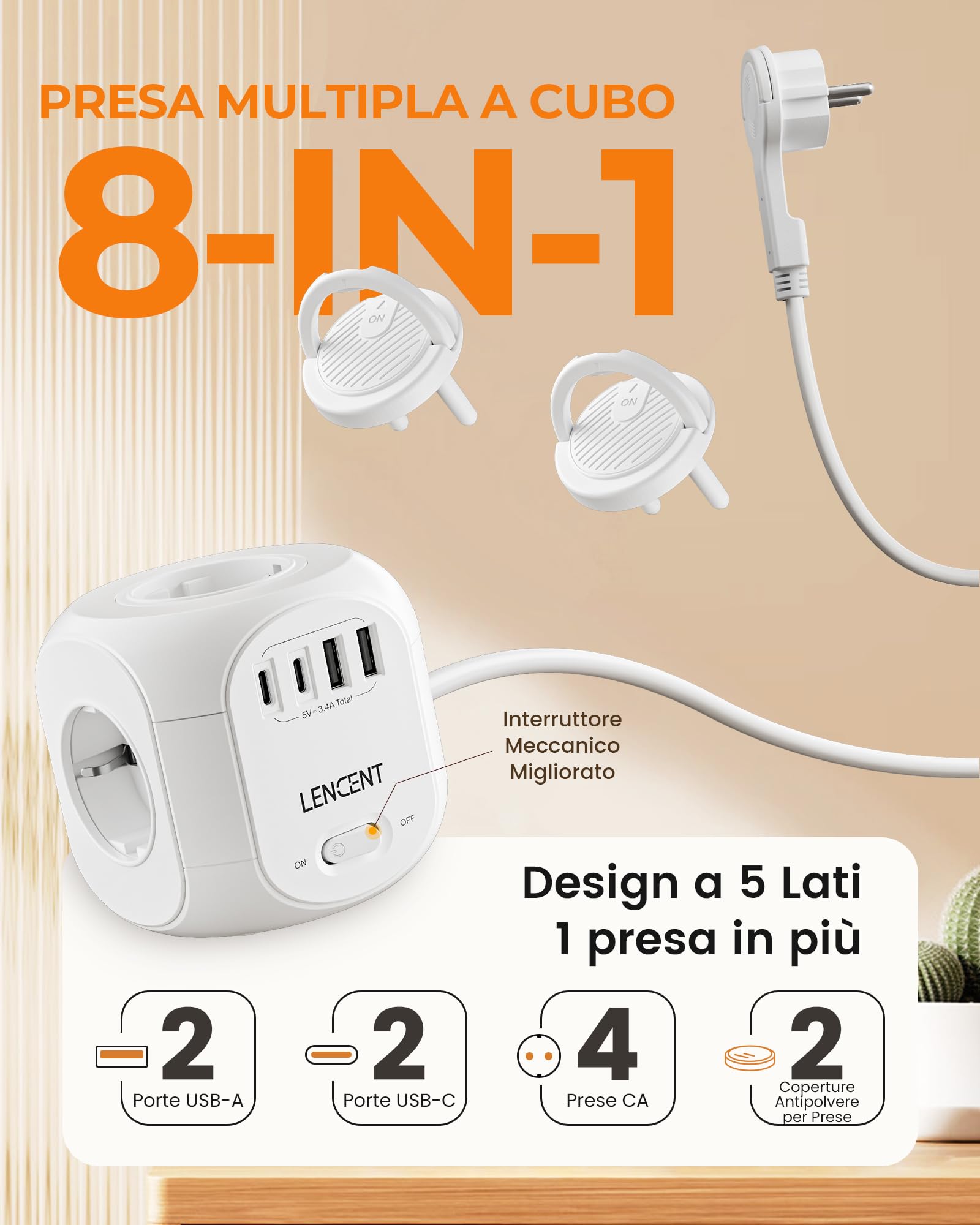 LENCENT 8 in 1 Ciabatta Cubico da 10M, Presa Multipla con Spina Piatta | Ciabatta Elettrica con 4 Prese AC, 2 USB-A e 2 USB-C, Presa Schuko Salvaspazio con Interruttore per Cucina Casa Ufficio