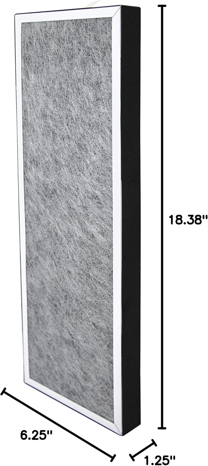 LivePure LP-HF250 filter with dimensions labeled: 18.38 inches length, 6.25 inches width, 1.25 inches thickness