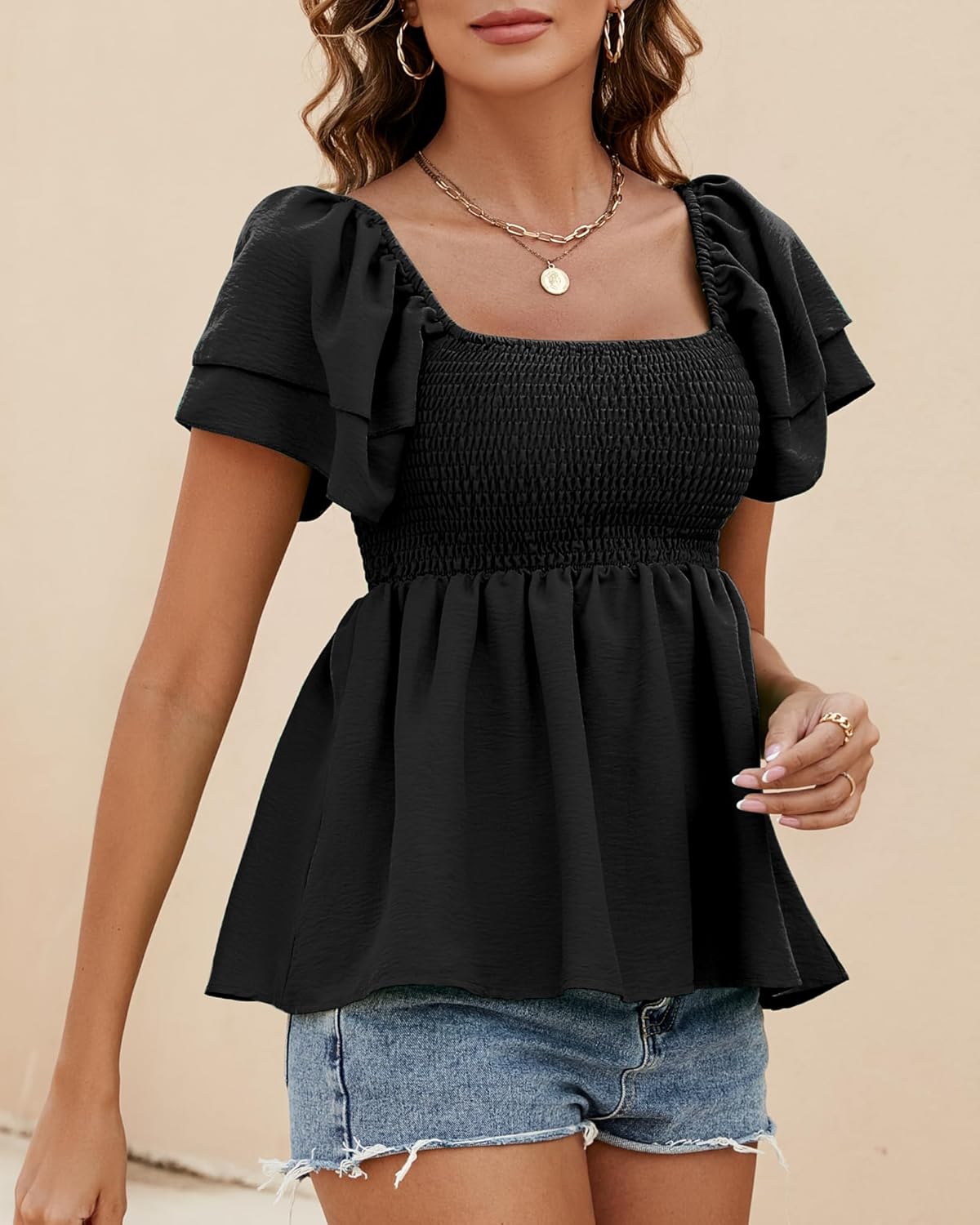 Women's Summer Peplum Tops Square Neck Ruffle Trim Short Sleeve Blouse Smocked Top Dressy Casual Shirts - Image 3