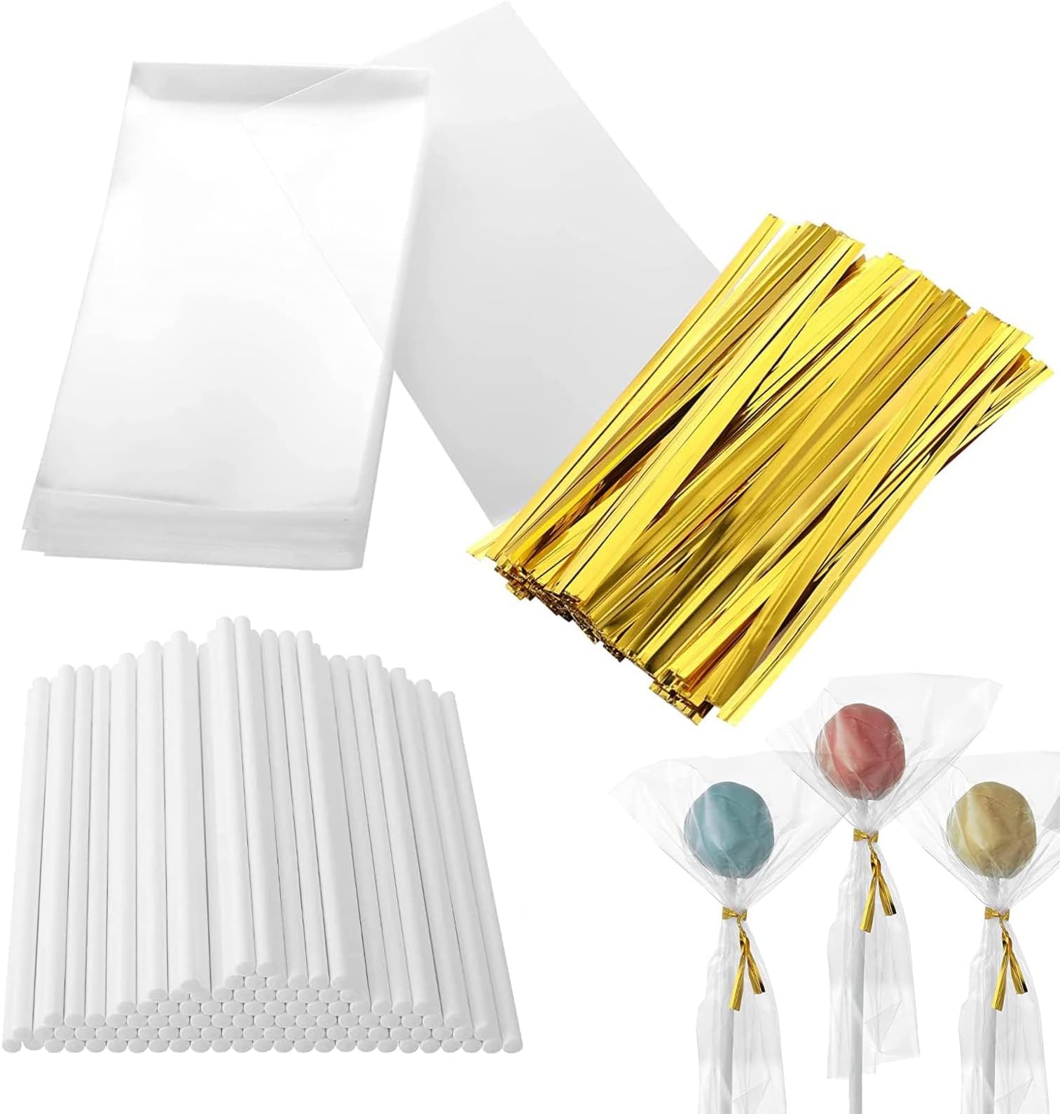 300Pcs Lollipop Making Tools Set - Cake Pop Sticks, Bags, and Twist Ties for Cake Pops and Lollipops
