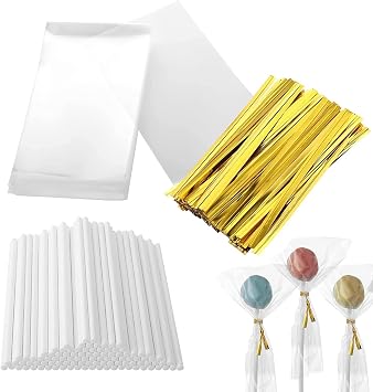 300Pcs Lollipop Making Tools Set - Cake Pop Sticks, Bags, and Twist Ties for Cake Pops and Lollipops
