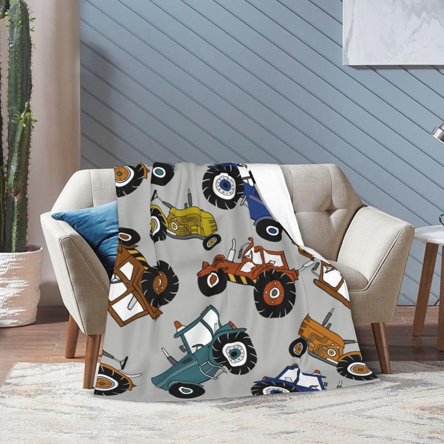 Car Tractor Cartoon Pattern Flannel Throw Blanket For Kids Boys Baby Toddler Teens Gifts Soft Warm Bedroom Throws For Home Couch Room Sofa Office Travel Camping Dorm Decor 50x40 Inch - Image 6