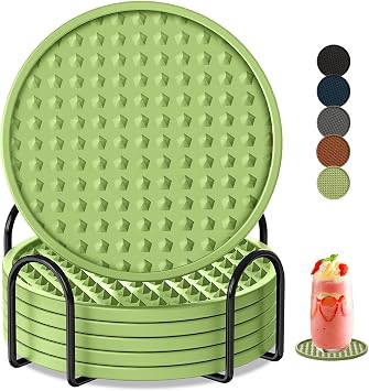 Coasters for Drinks 6 Pack Drinking Coaster with Holder,Heat Resistant Silicone Cup Mat Tabletop Protection,Non-Slip Rubber Coasters for Kinds of Cups Green