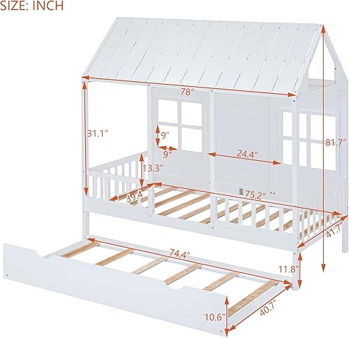 Miniatura 18 de Bellemave Full Size Kids House Bed with 2 Drawers & Storage Shelves, Wooden Montessori Bed Frame with Window and Roof, Kids Playhouse Tent Bed