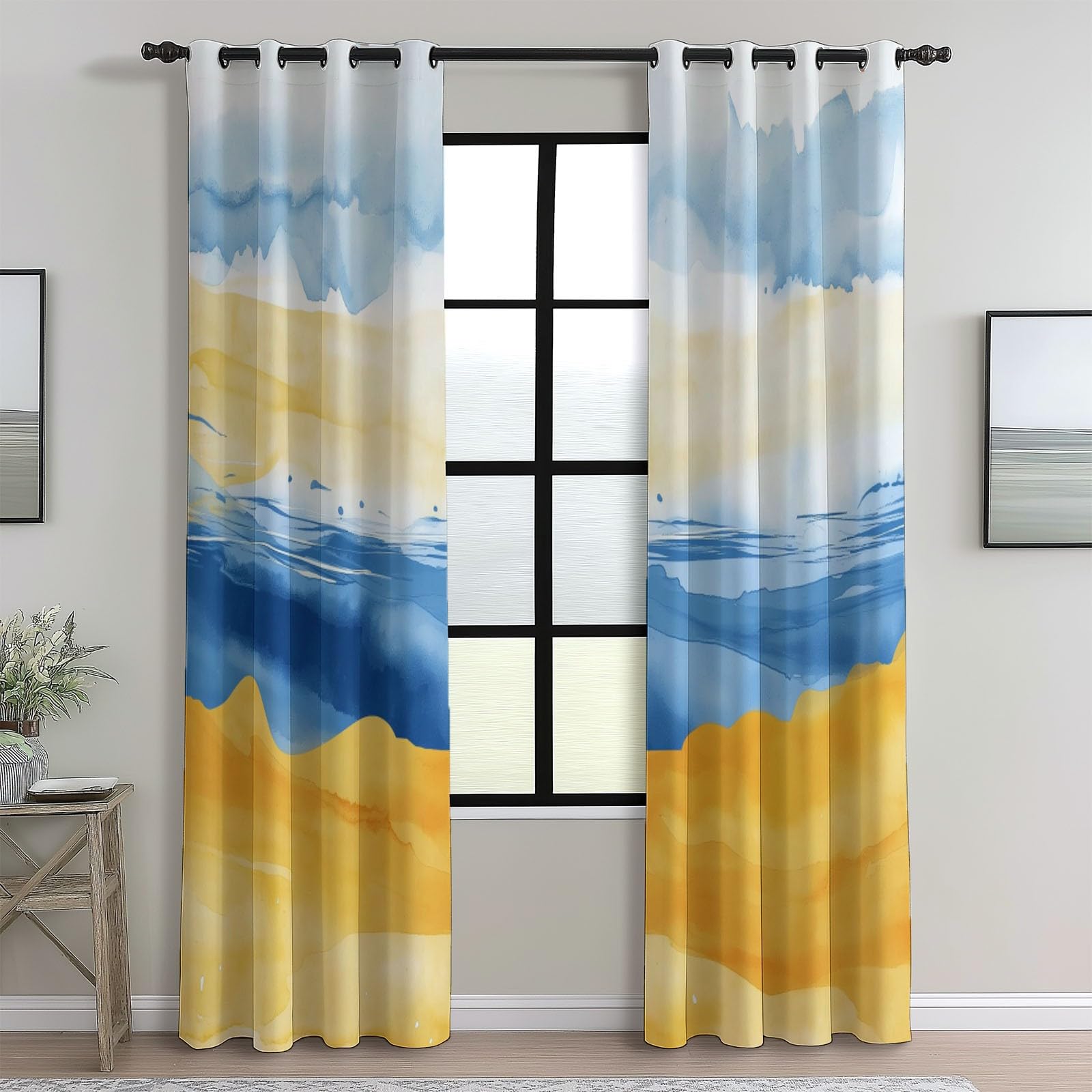 Rideau Occultant Abstrait Paysage Nuages Rideau Thermique Isolant Anti Froid et Chaleur, Rideau Occultant Thermiques à Oeillets Chambre Salon Jaune Bleu 140L X 250H cm (2 Panneaux)