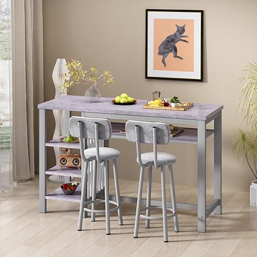 Miniatura 5 de Lamerge Mesa de altura de barra de cocina y sillas para 2, mesa de comedor compacta de 5 niveles, parte superior gris y 2 asientos tapizados de piel