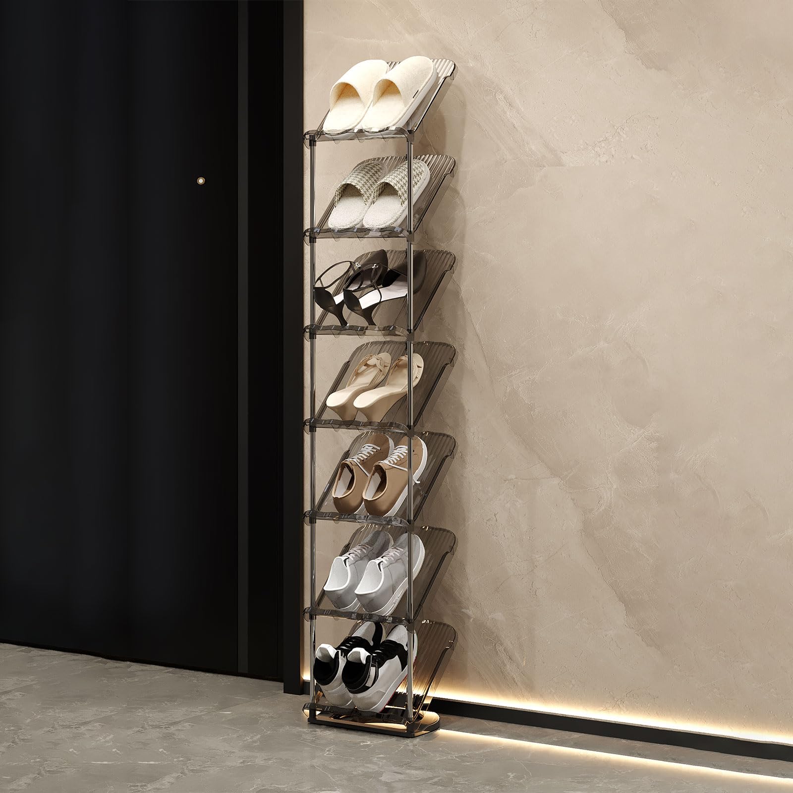 Kiss Me Sloping Narrow Shoe Rack 7 Tiers Transparent Slim Vertical Gray — image 1