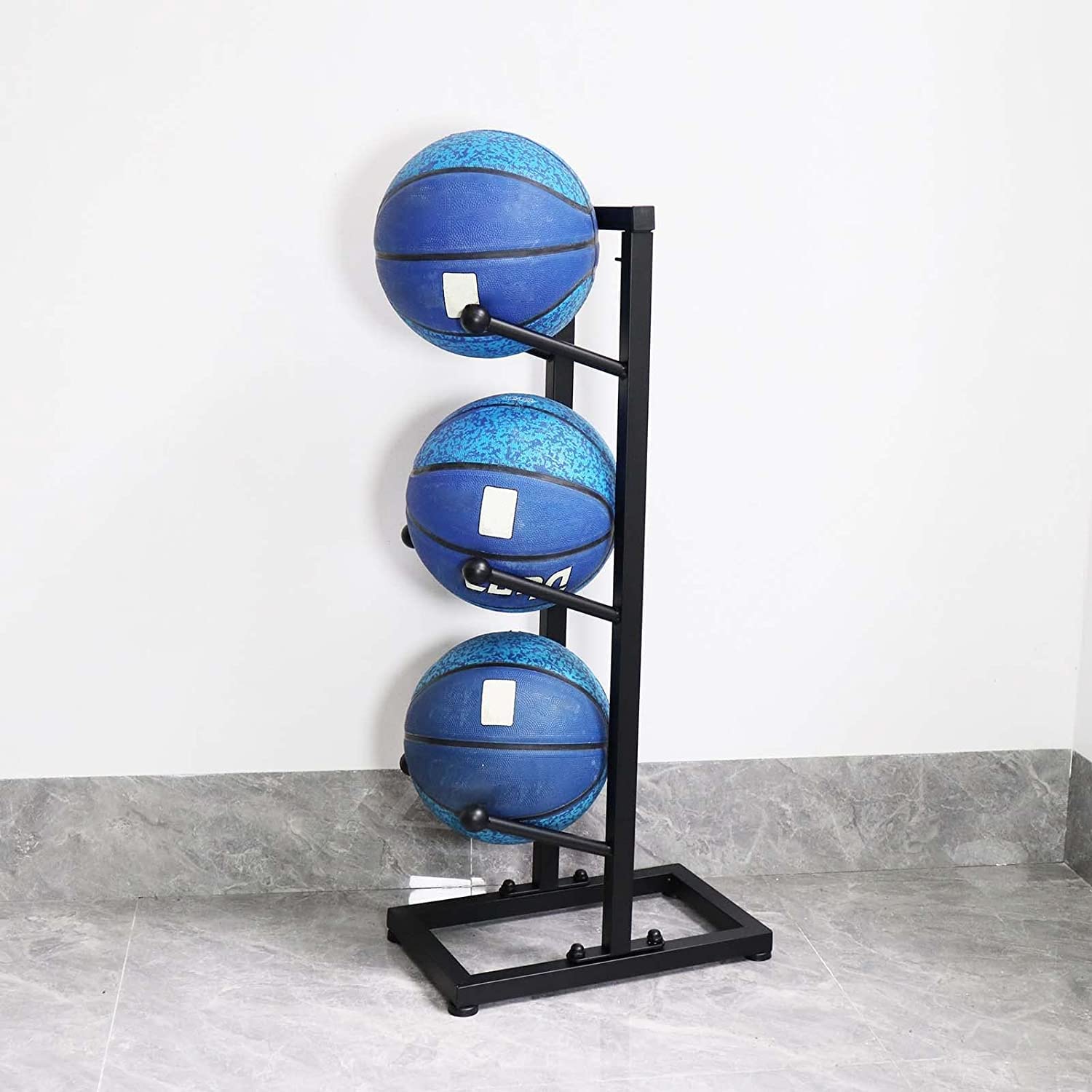Ballaufbewahrung, Organizer, Ballregal, Garage, Basketball, Ballhalter, freistehend, Sportausrüstung, Organizer, Ständer, vertikaler Präsentationsständer für Volleybälle, Fußbälle (Schwarz, 4 Ebenen