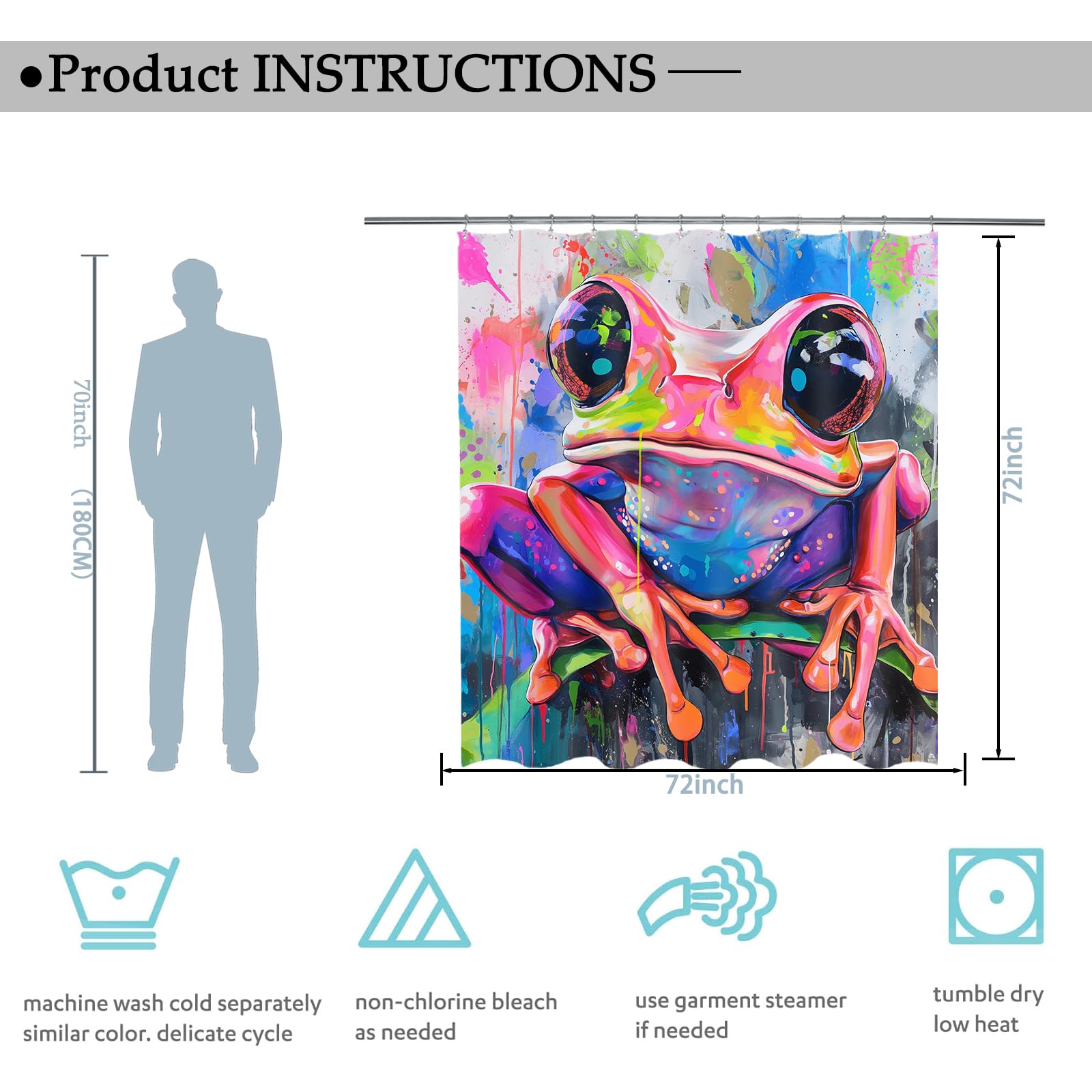 Frog Print Shower Curtain - Cute Cartoon Frog Bathroom Decor, Waterproof 72x72 Inches With Hooks