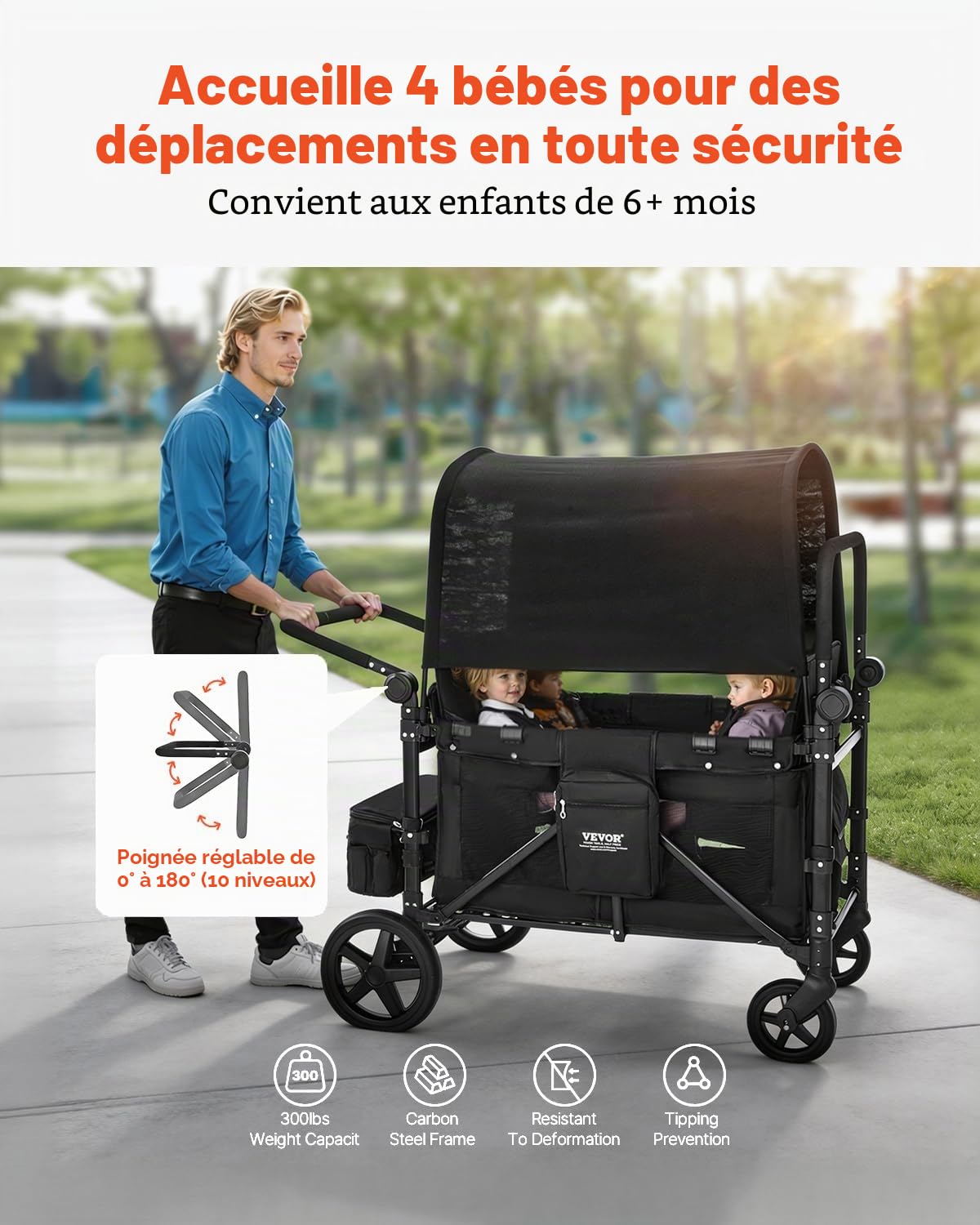 VEVOR Poussette Chariot pour 4 Enfants Pliable à Quatre Roues, Capacité de Charge 150 kg, avec Poignée Réglable, Harnais de Sécurité 5 Points, Auvent Amovible, Poussette 4 Places pour Camping, Noir