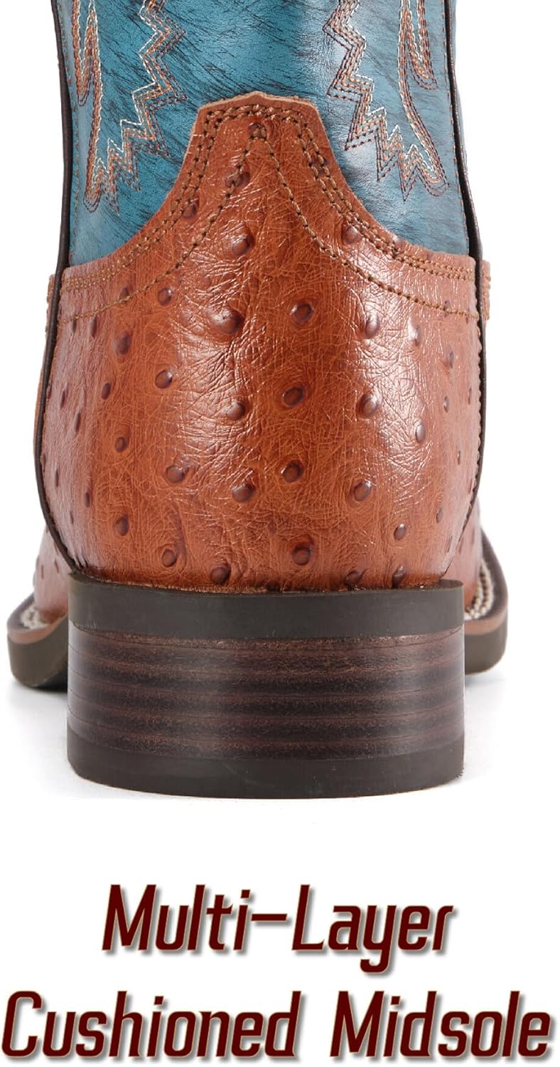 SUREWAY Men‘s Full Grain Leather Cowboy Boots with Ostrich Pattern/Bold Crocodile Texture，Square Toe Embroidery Western Boot, Oil and Slip Resistant,10-Inch Pull-On Wellington Boots