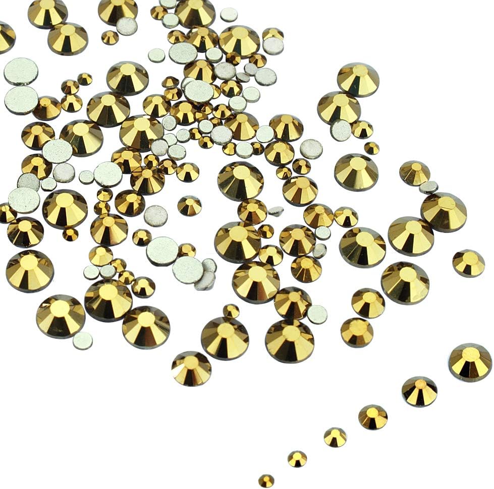LolliBeads Resin Crystal Round Nail Art Mixed Flat Backs Acrylic Rhinestones Gems,Mix Size 1.5-5 mm, Color Antiqued Gold (1200Pcs)