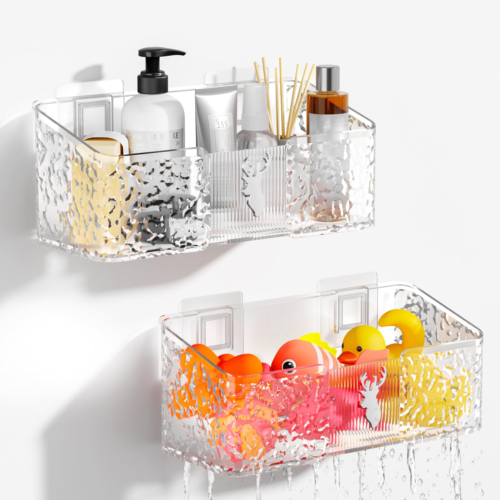 Bath Toy Storage Organizer 2 PCS Large Capacity Clear Bath Toy Holder with Drain Holes Quick-Dry Adhesive Shower