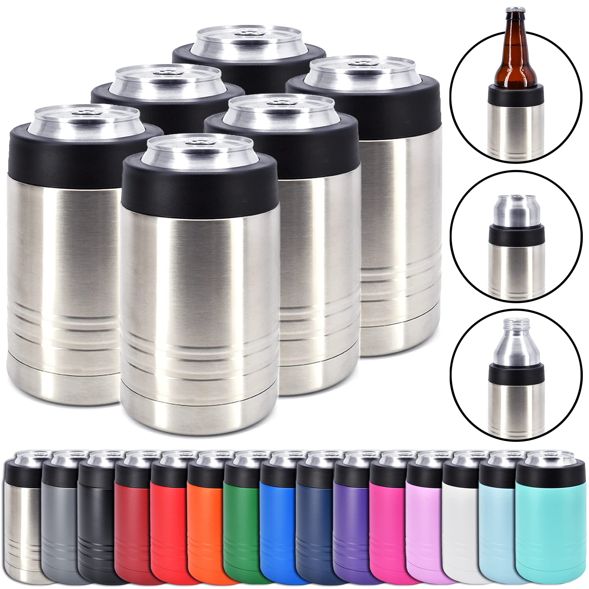 Clear Water Home Goods - 12 oz Stainless Steel Double Wall Vacuum Insulated Can or Bottle Beverage Cooler - Stainless Steel - 6 Pack