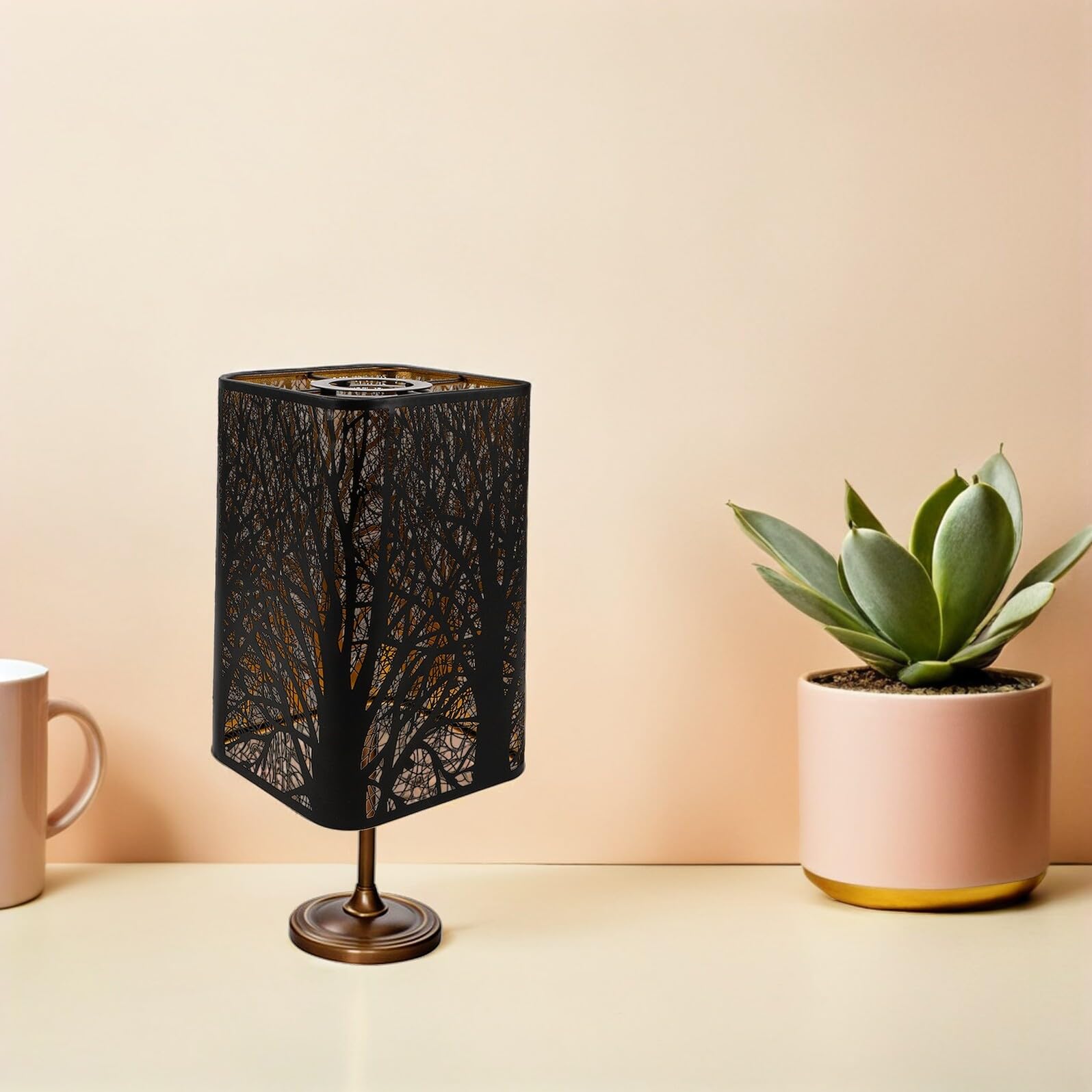 Paralume da Tavolo in Metallo Nero Rettangolare Design Artistico Natura, Resistente alla Deformazione, Versatile per Soggiorno e Camera