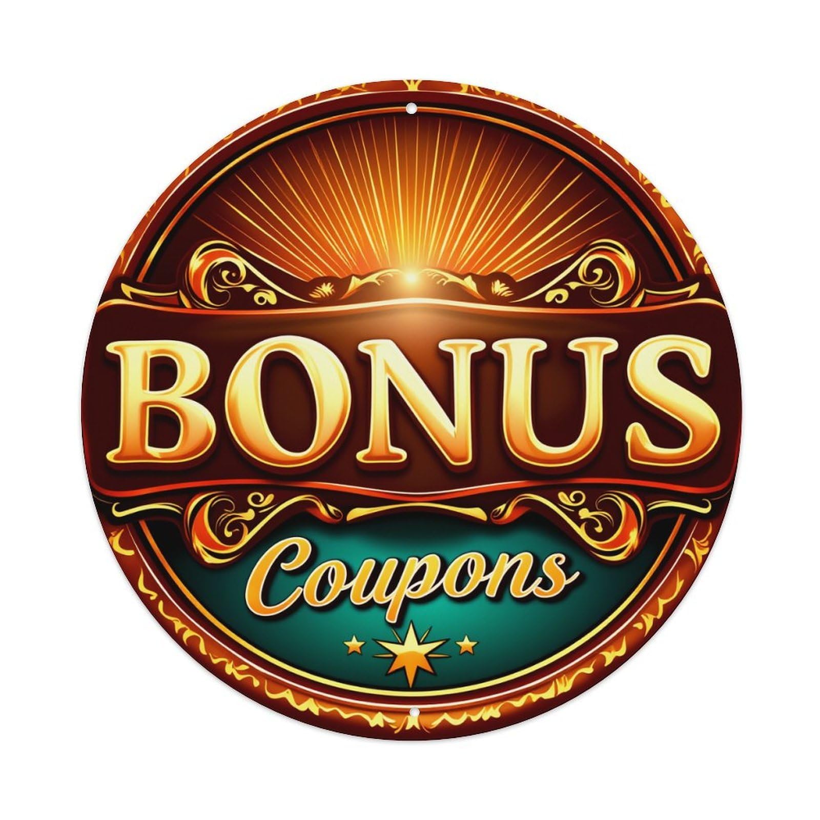Golden Sunburst Ornate Round Tin Sign Vintage Metal Poster, Home Bar Garage Man Cave Cafe Indoor & Outdoor Wall Decoration 8x8Inches