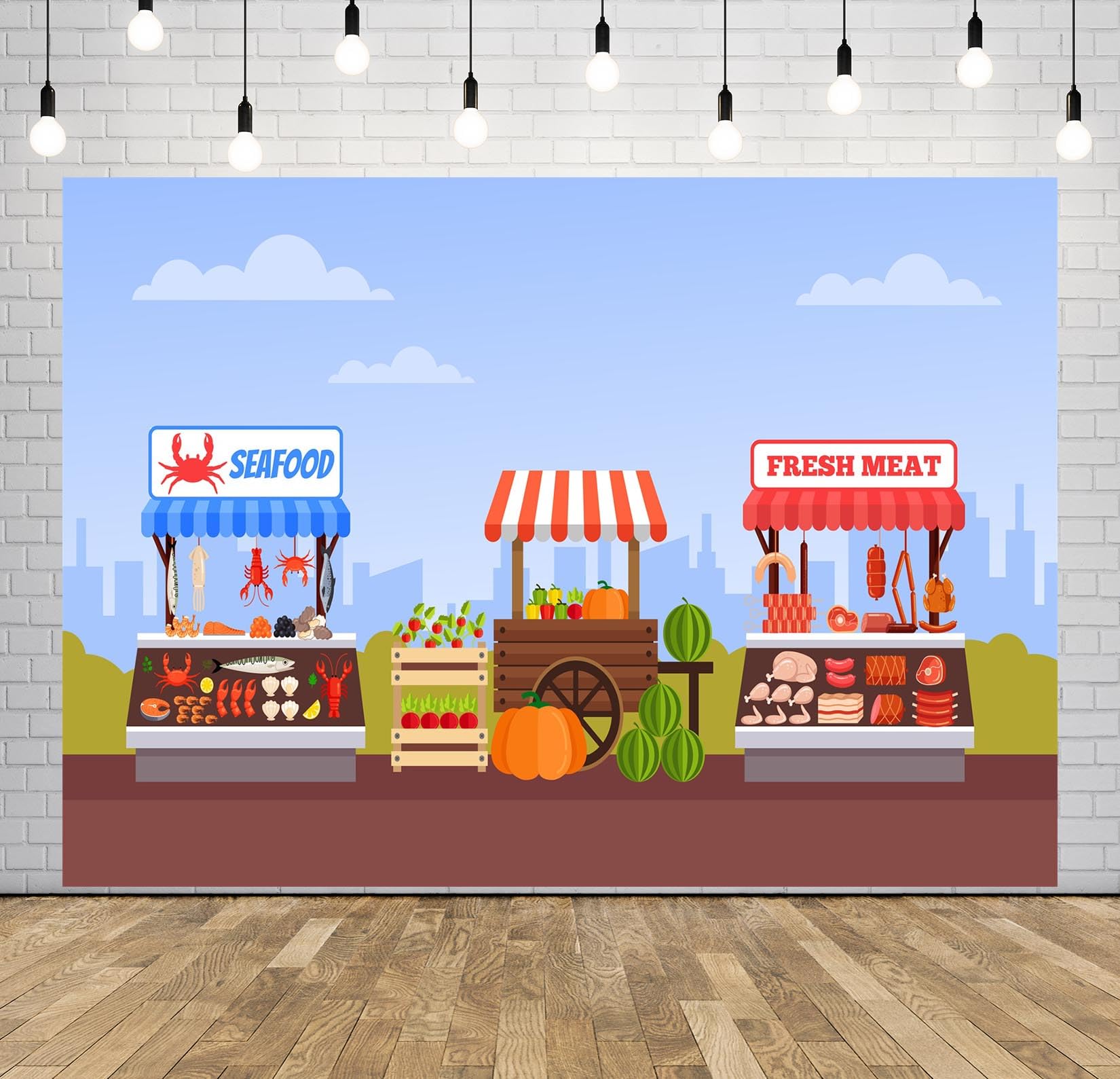 BELECO 3.6x2.5m Sfondo Tessuto Mercato-Cibo-Strada | Mercato contadino, frutta, verdura, banchi carne pesce sfondo, decorazione festa mercato agricolo telo di sfondo