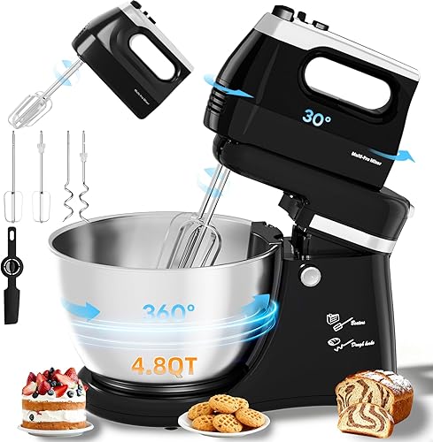 Batidora de pie eléctrica automática para cocina, 4.8 cuartos de galón, batidora de pie y mano con tazón y batidor giratorio automático, mezclador