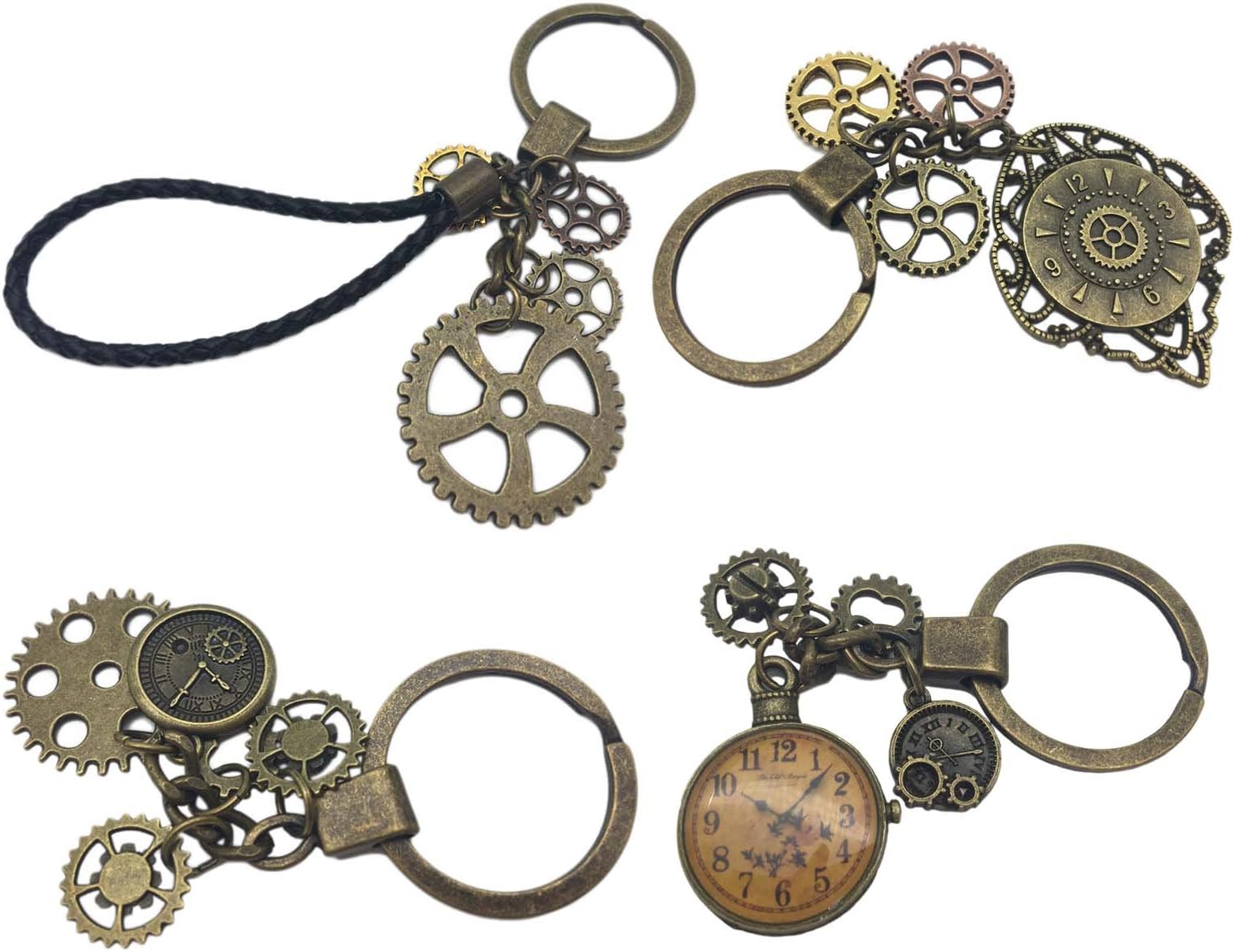 Pack of 4 Antique Metal Steampunk Gears Keychain Clock Watch Wheel Gear Key Holder Split Key Ring Keyfob
