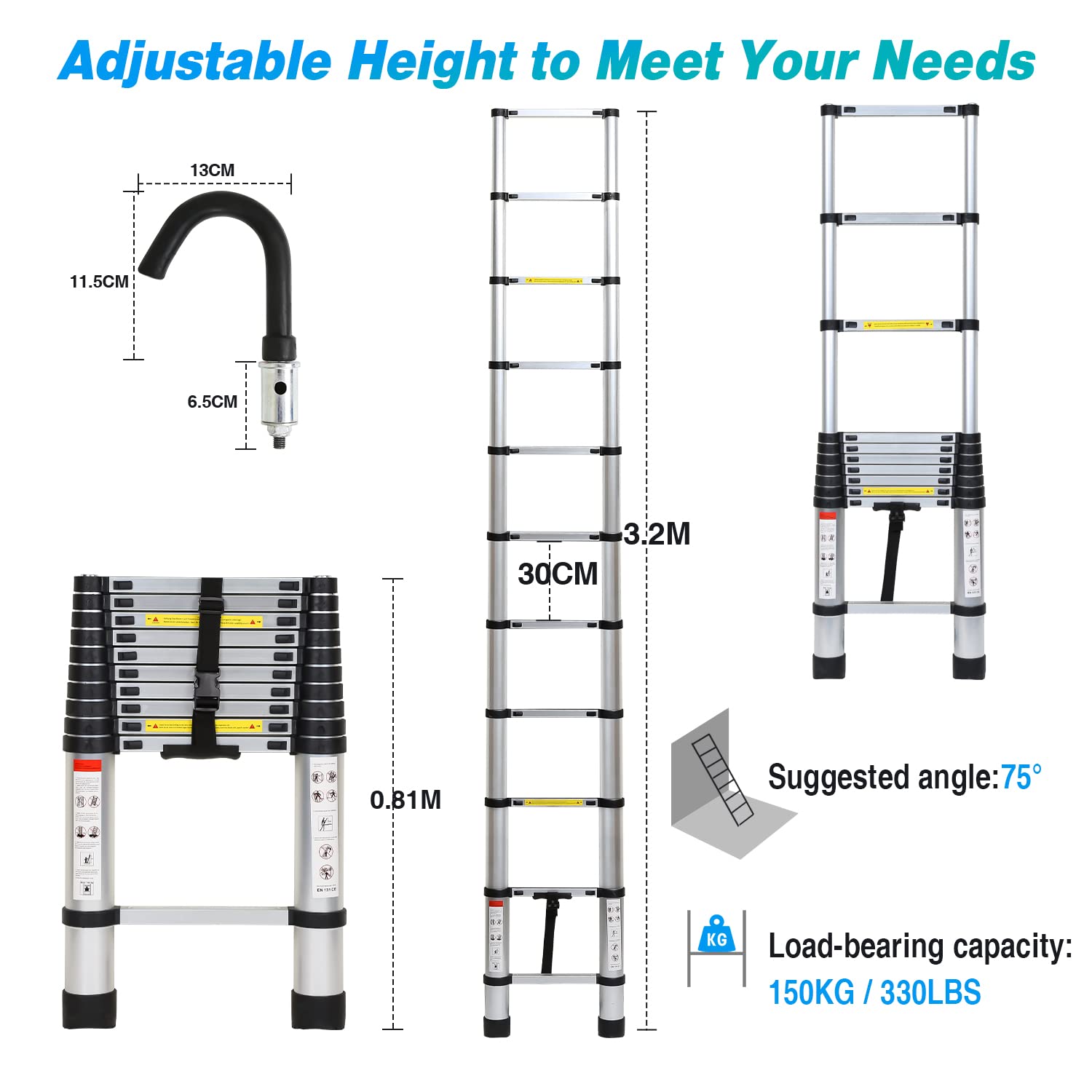 Aluminiowa drabina teleskopowa, drabina wysuwana, składana drabina stojąca, antypoślizgowa, wielofunkcyjna drabina domowa, nośność 150 kg, 3,2 m