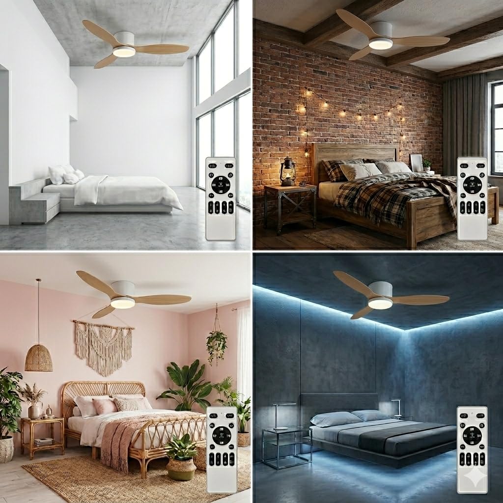 Ventilador de Techo Grande con Luz y Mando 132cm (52"), Motor DC Silencioso, 3 Aspas Plástico Efecto Madera Clara, LED Regulable, Estilo Nórdico para Salón, Blanco y Madera