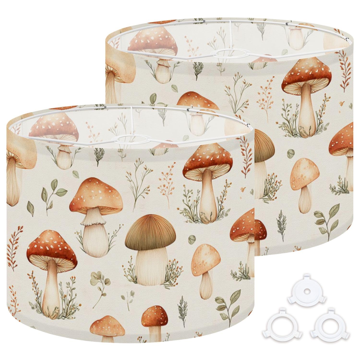 Fabric Drum Lamp Shade Hand Drawn Mushrooms Foliage Earthy Tones Vintage Funky Medium Linen Decorative Lampshades 13inch Set of 2 for Table Lamps, Floor Lamps,Ceiling Lamp
