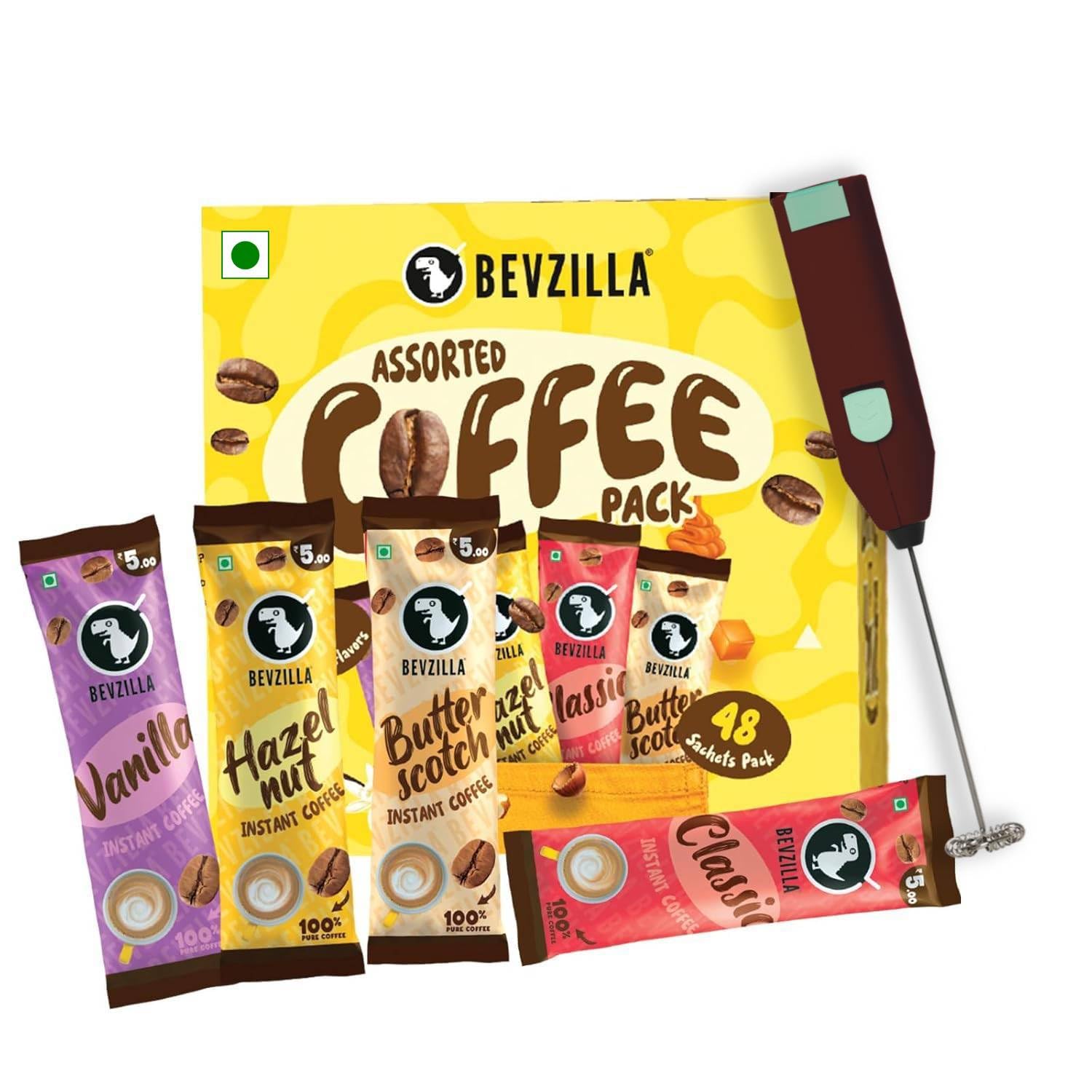 Bevzilla 48 Flavoured Coffee Sachets With Frother (48X2 Gram) | 12 Pouch Each Flavour | Hazelnut, Vanilla, Classic & Butterscotch | Cafe Coffee Kit