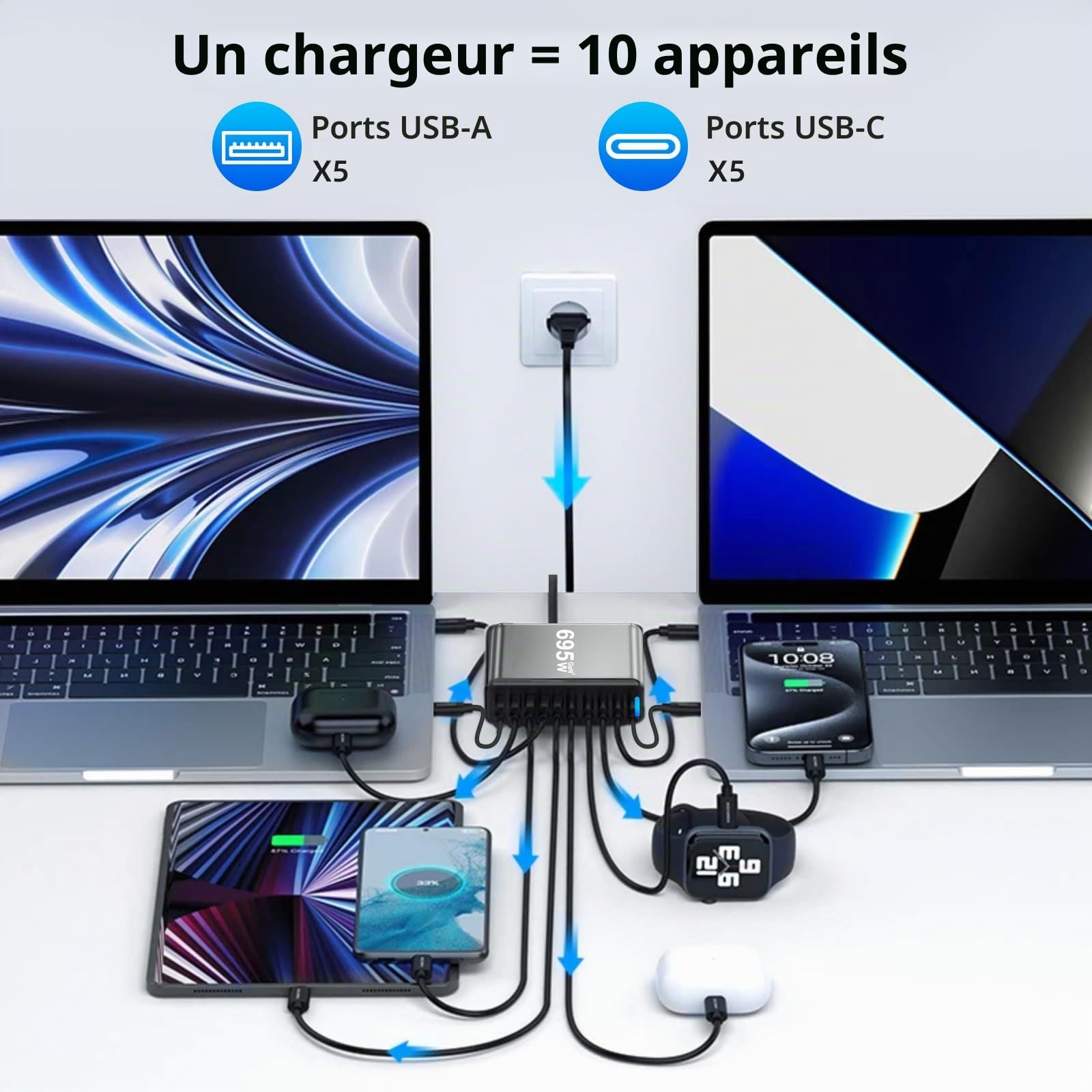 ARCELI Chargeur USB C 695 W 10 ports, GaN III, chargeur USB C avec 5 ports USB-C PD + 5 ports USB-A QC4.0, chargeur rapide pour téléphone 16/15/14 Pro Max, Samsung Galaxy, MacBook, Pad, ordinateur