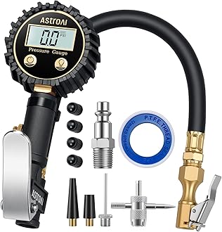 AstroAI Digital Tire Pressure Gauge with Inflator(3-250 PSI 0.1 for Display Resolution), Heavy Duty Air Chuck and Compressor Accessories with Rubber Hose and Quick Connect Coupler, White