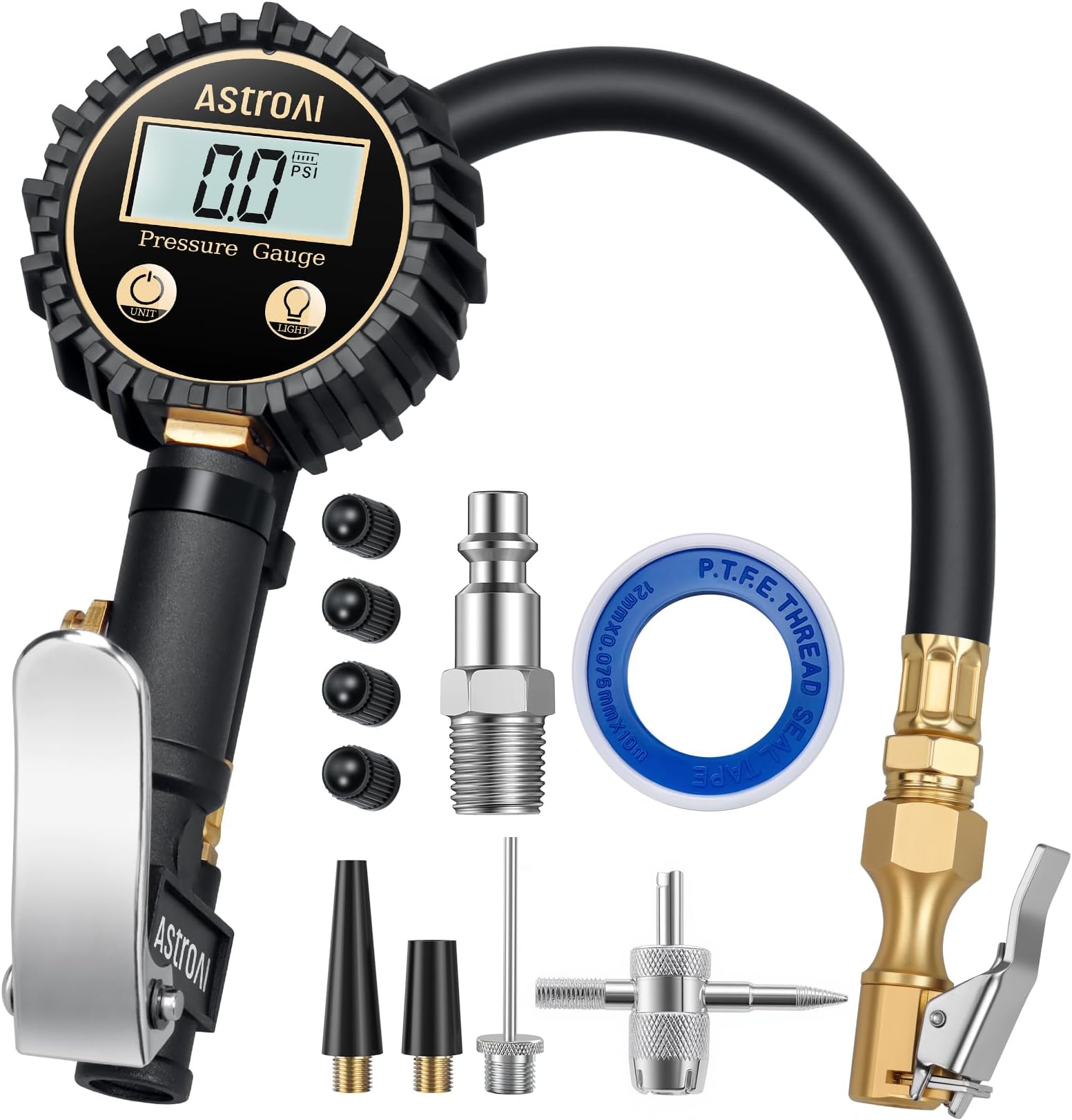 AstroAI Digital Tire Inflator with Pressure Gauge, 250 PSI Air Chuck and Compressor Accessories Heavy Duty with Rubber Hose and Quick Connect Coupler for 0.1 Display Resolution, White Backlit