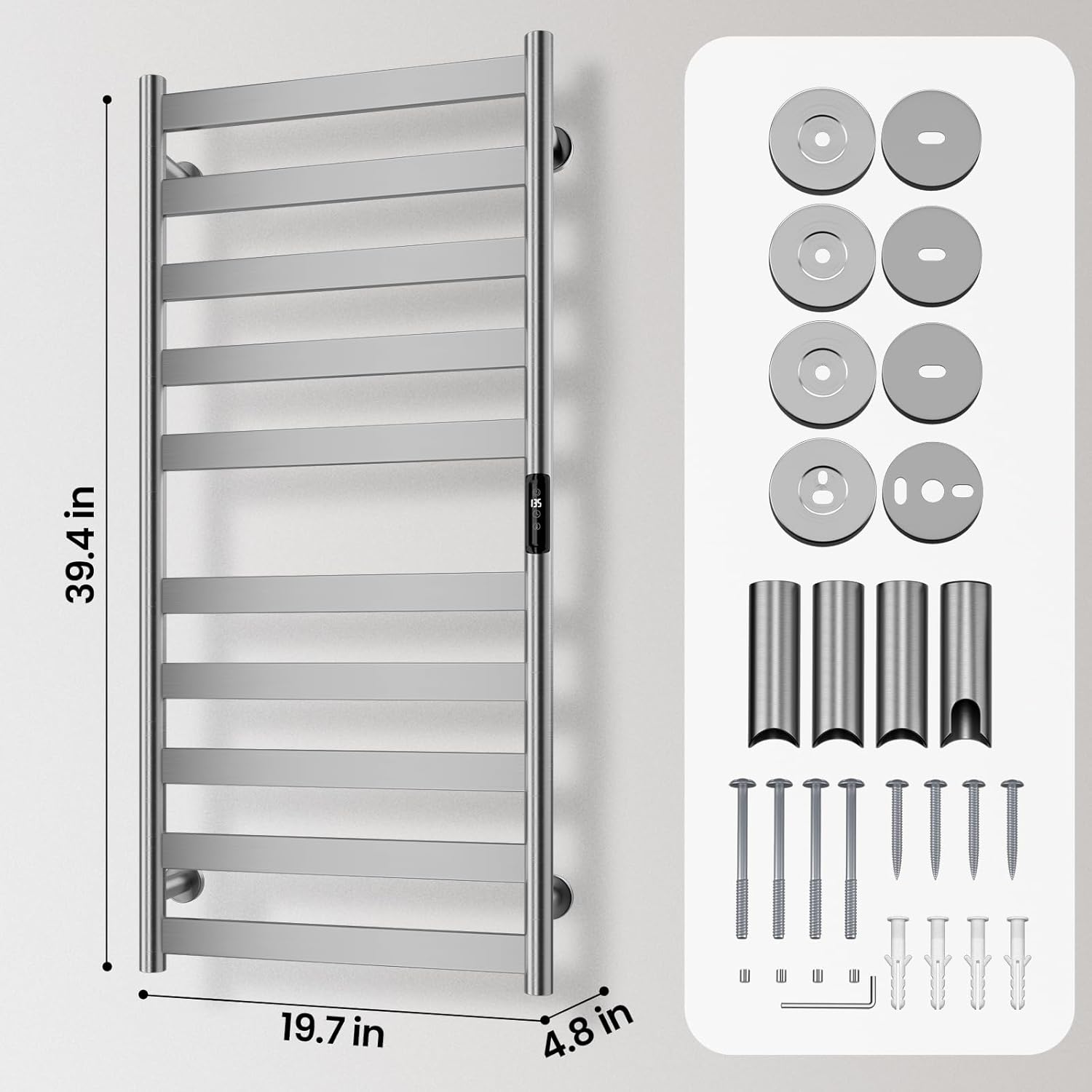 Electric Towel Warmer Rack, 10-Bar Stainless Steel Heated Tower Rack with Built-in Timer, Wall Mounted, Plug-in/Hardwired (Silver)