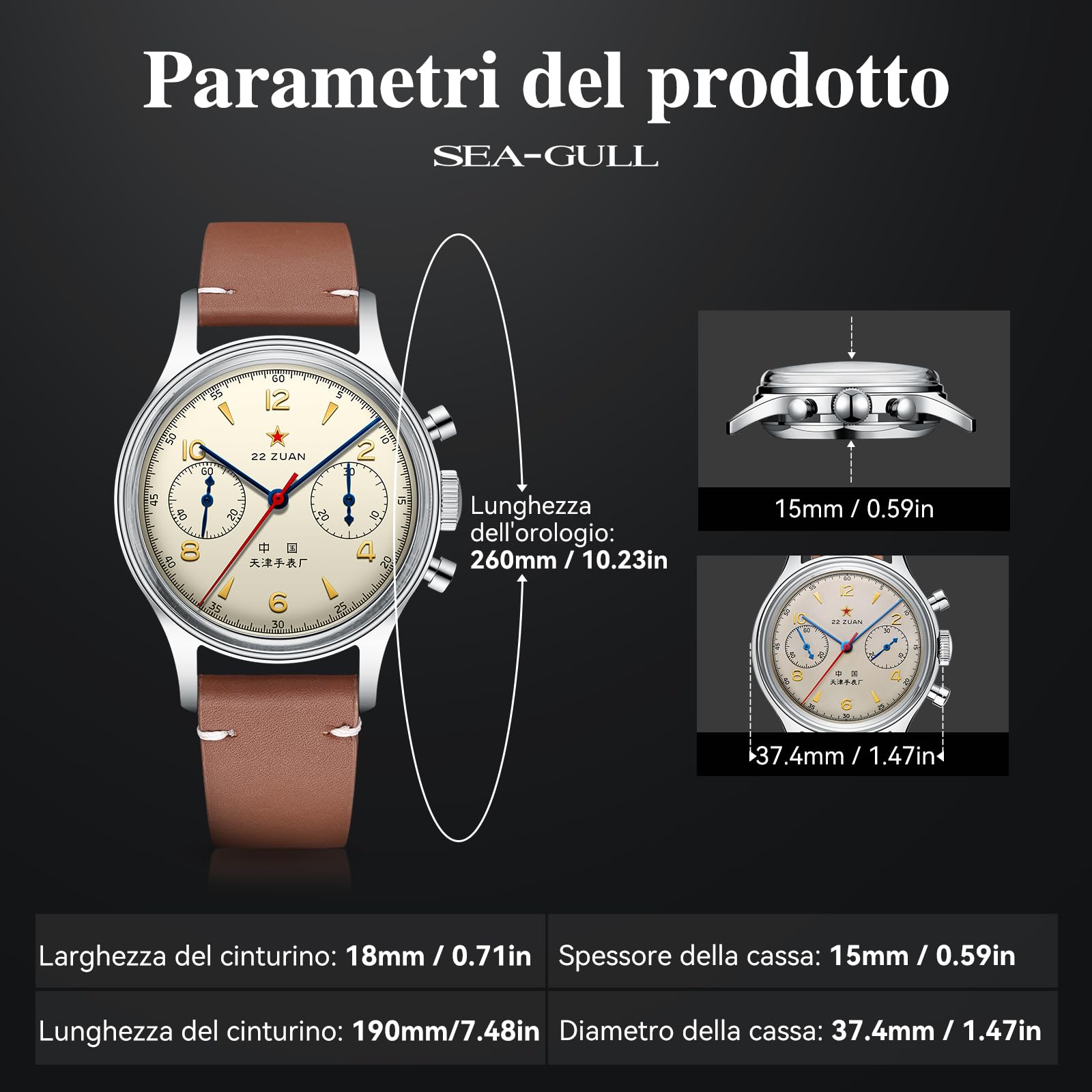 Sea Gull Orologio da polso meccanico da uomo, Seagull 1963 Aviation Cronografo Pilot Orologio meccanico a carica manuale, edizione internazionale GD 1963, ST1901