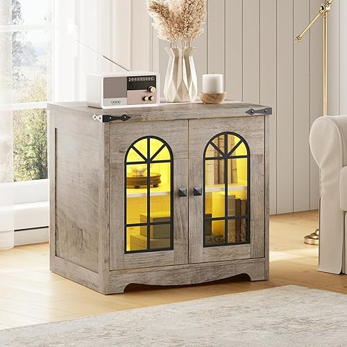 Miniatura 5 de HOOBRO Juego de 2 mesas auxiliares de granja, mesas auxiliares cuadradas grandes con estación de carga y luces LED, mesa auxiliar grande para sala