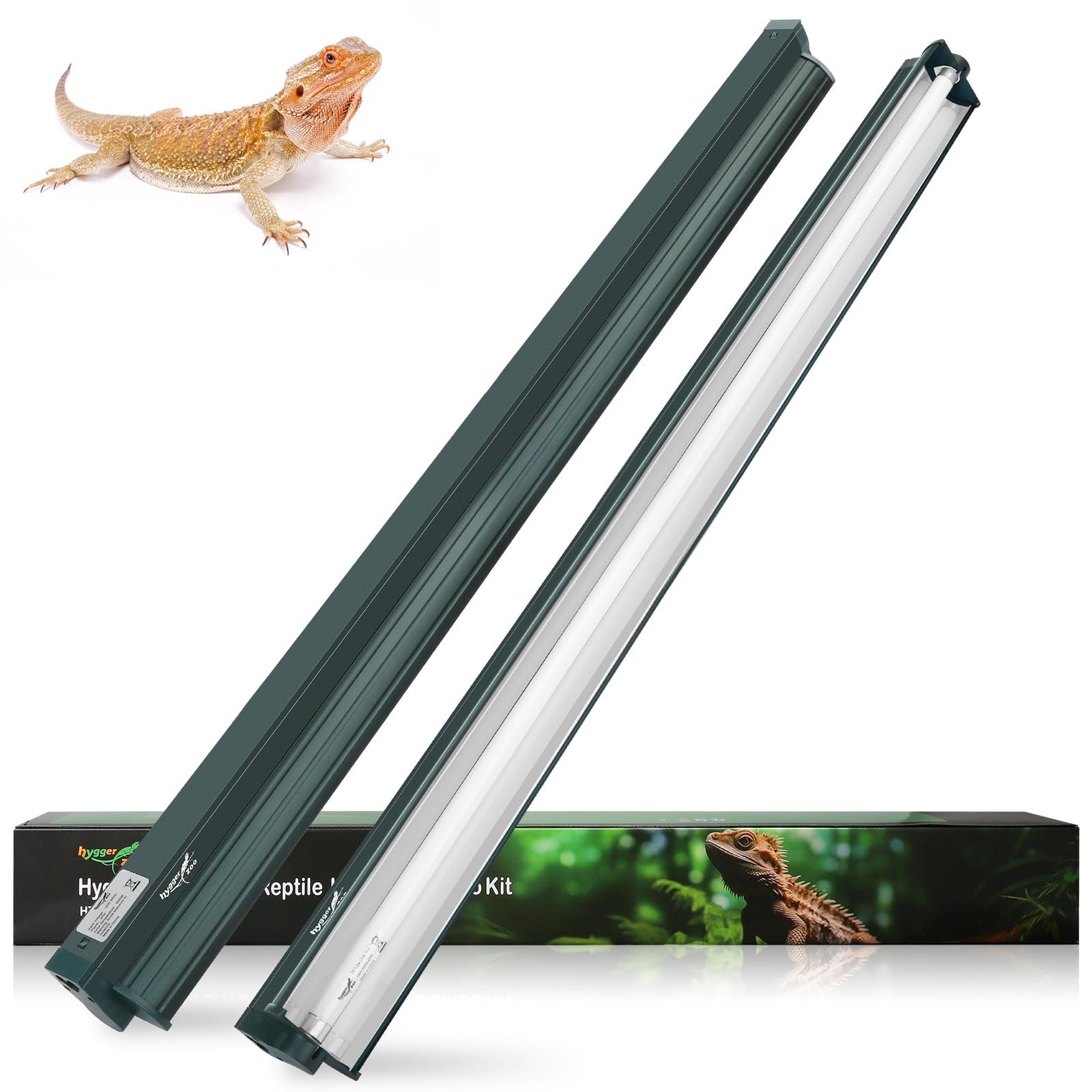 T5 Reptile Light Fixture Green Combo Kit 39W Light Fixture Reptile Terrarium Hood 10.0 UVB Light Bulb Fluorescent Tube Ideal for Tropical and Deserts Such as Bearded Dragon Lizards and Tortoises