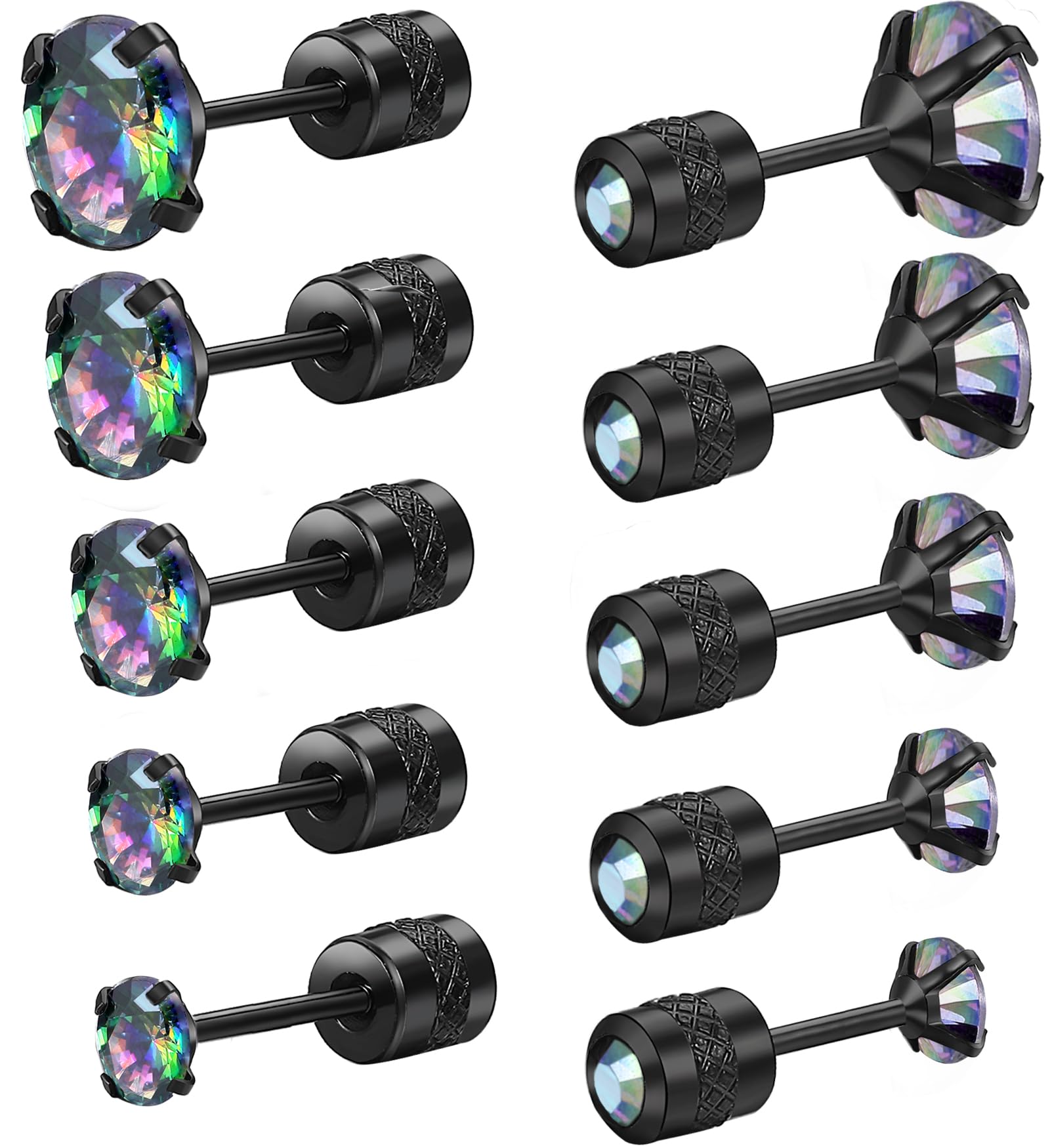 Titanium Earrings for Sensitive Ears, Flat Back Stud Earrings for Women Men, CZ Silver Gold Black Screw Back Stud Earrings, Hypoallergenic Surgical Steel Cartilage Earrings Set