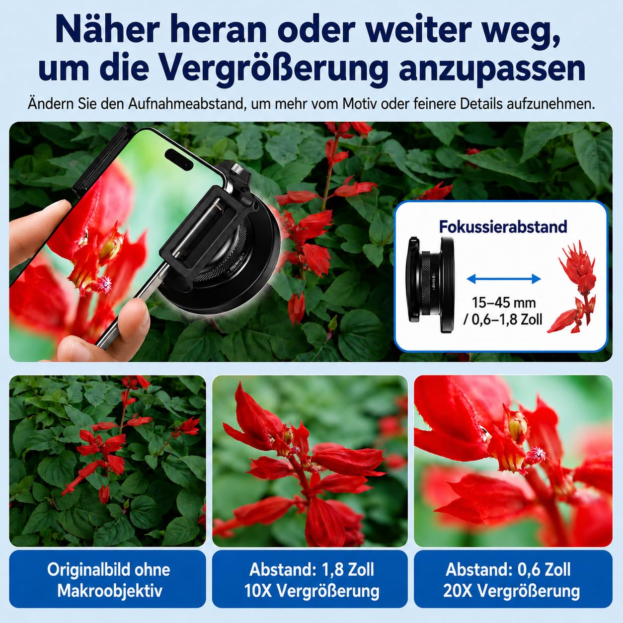 10-20x Zoom-Makroobjektiv-Set mit Fülllicht für Smartphones,Makro-Telefonobjektiv mit universellem Objektivclip,HD-Makrofotografieobjektiv für iPhone und Android-Telefone