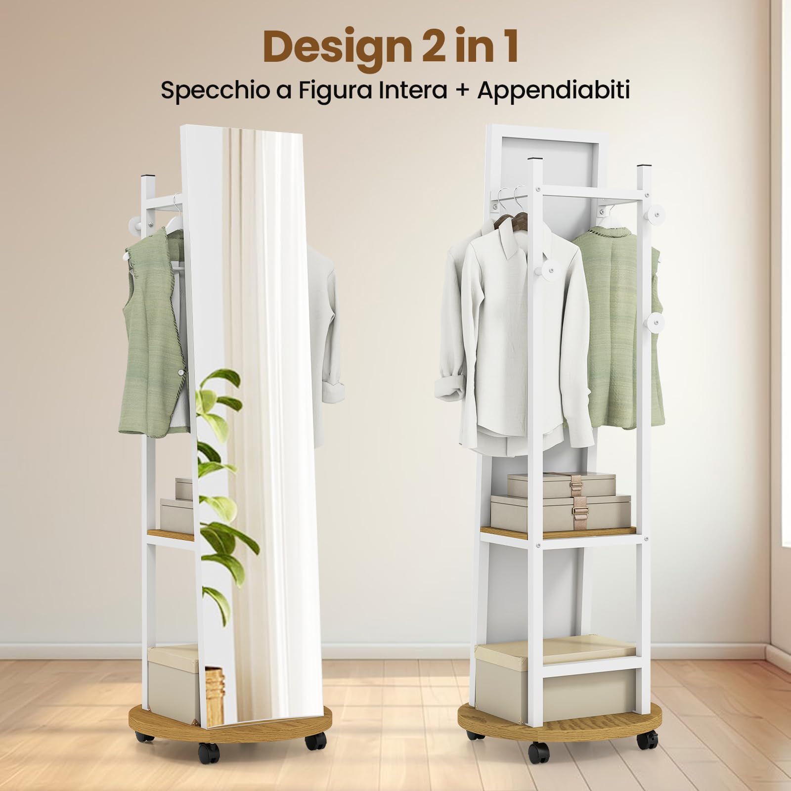 COSTWAY Appendiabiti con Specchio a Figura Intera, Appendiabiti Autoportante con 3 Ganci e Ripiani per Stoccaggio, Specchio da Terra con Ruote per Camera da Letto e Ingresso (Naturale)