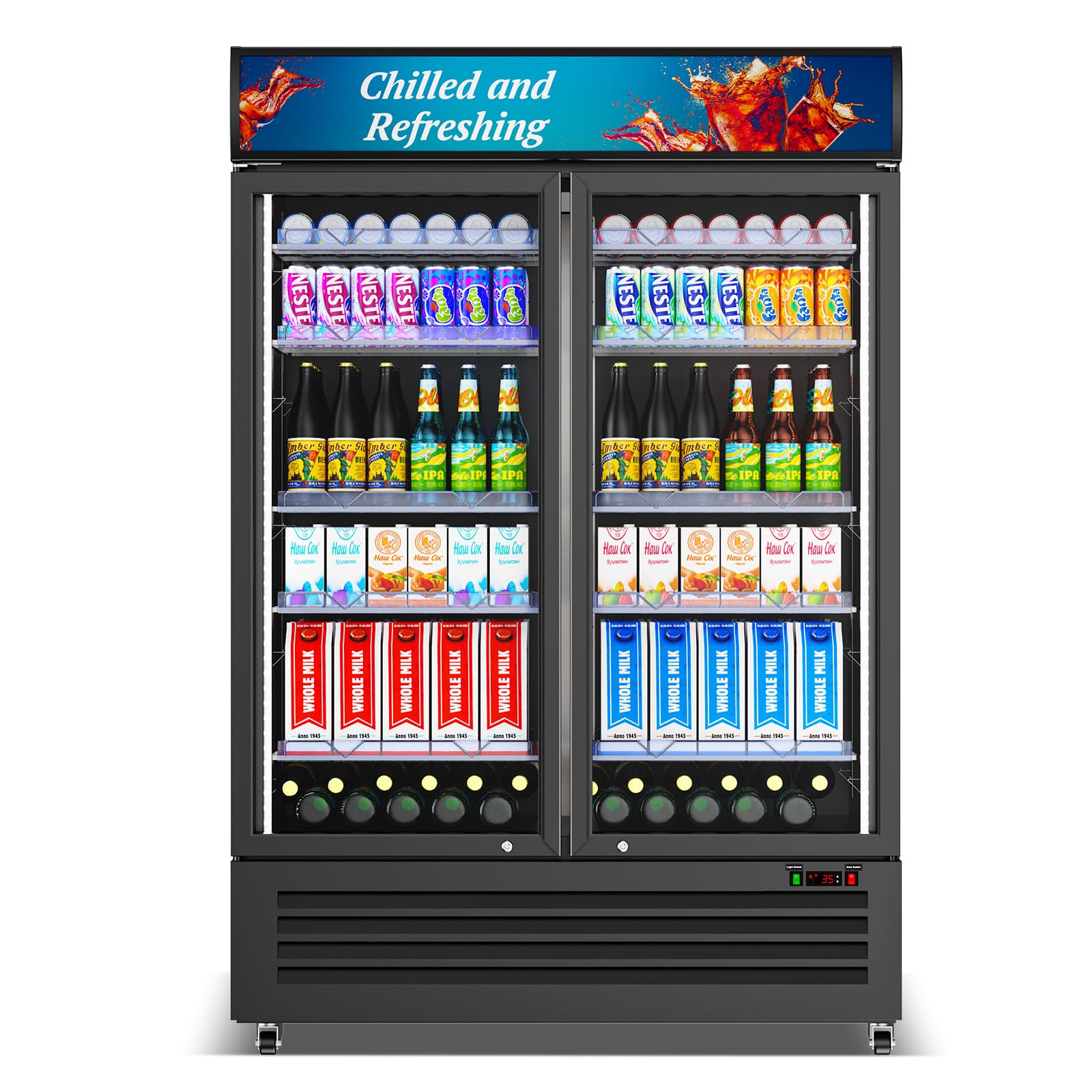 Commercial Beverage Refrigerator with 2 Glass Door, 383L Display Fridge Beverage Cooler with Customizable Lightbox Adjustable Shelves, Drink Fridge Merchandiser for Restaurant Shop, Black