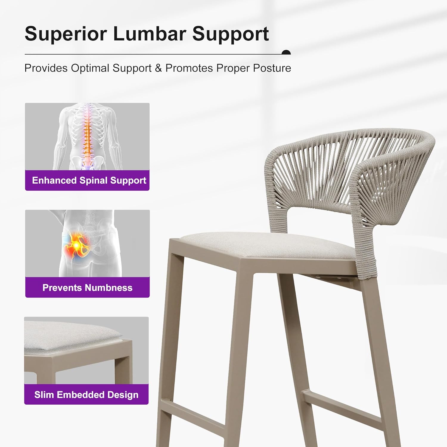 PURPLE LEAF Bar Stool Set of 2 Outdoor Bar Chairs with Backrest Bar Height Stools Rattan Stool Wicker Champagne Beige Barstools