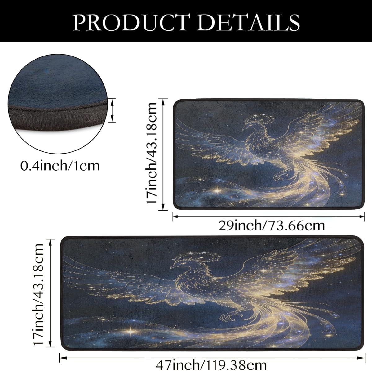 Anti Fatigue Golden Phoenix Kitchen Mats for Floor 2 Piece Set, Waterproof Non Slip Boho Kitchen Floor Rugs, Comfort Standing Mat for Sink Laundry & Home Kitchen 17"x47"+17"x29"