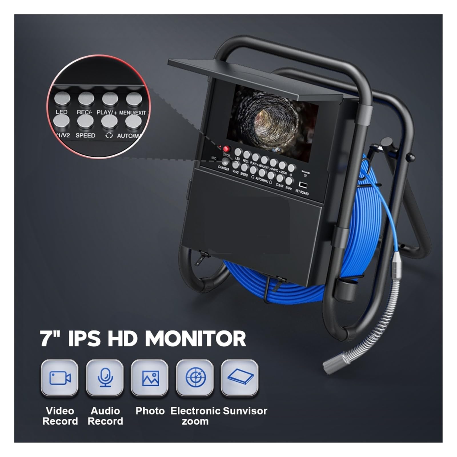 Kamera inspekcyjna endoskopowa, 7 "kamera endoskopowa DVR do kanalizacji z (lokalizator 512HZ samopoziomujący) licznik liczników rurociągi rura spustowa kamera inspekcyjna do kanalizacji(10m,23mm Mete
